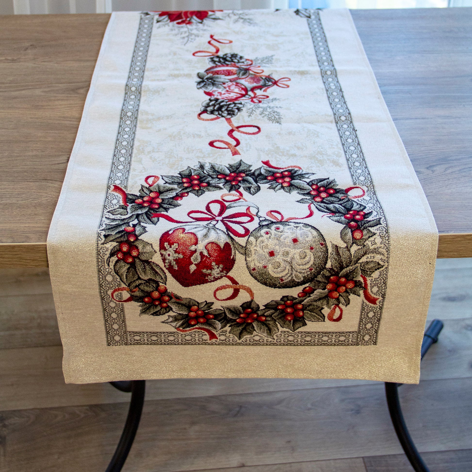 Christmas Table Runners White with Silver threads, Tapestry Fabric, Red Poinsettia Media 1 of 7