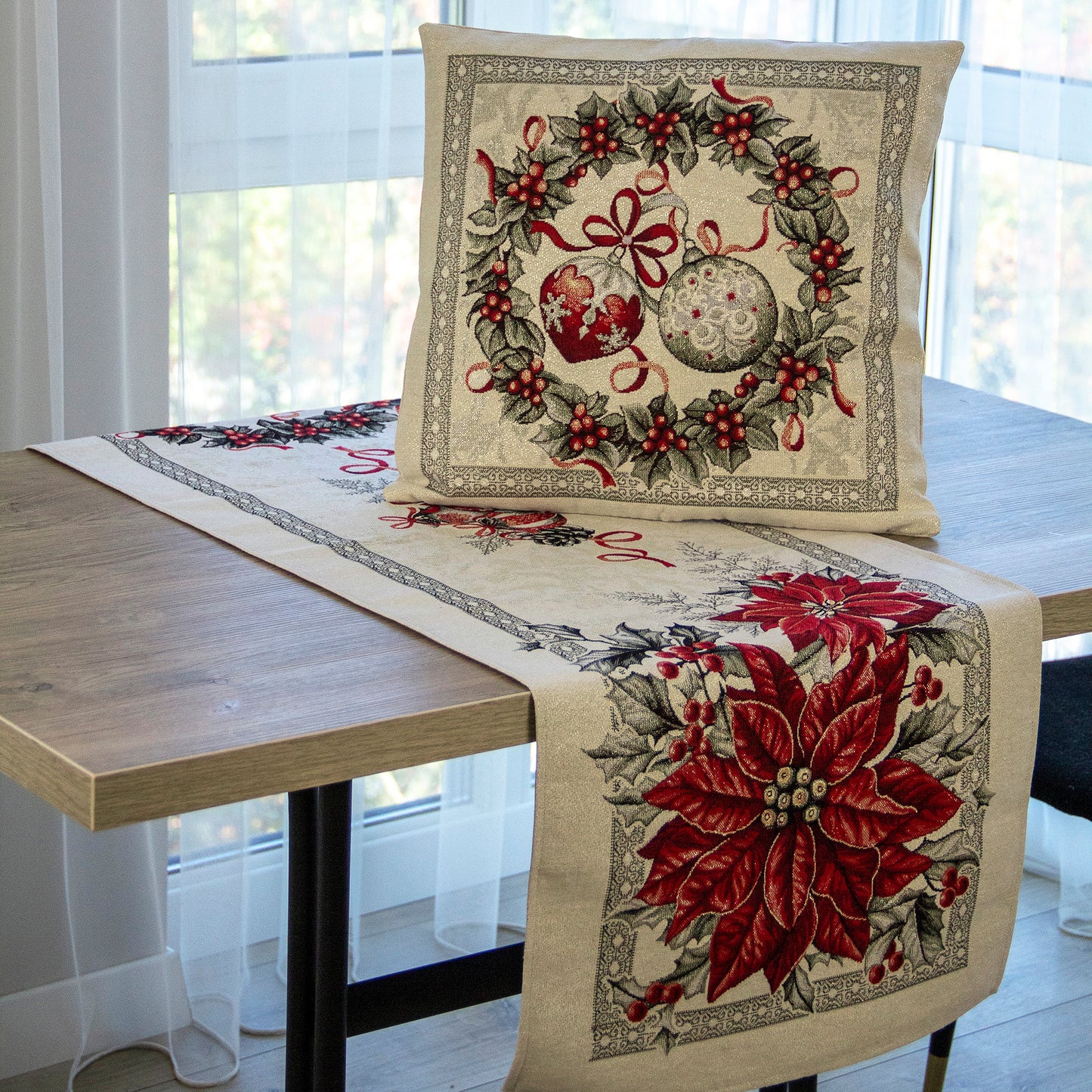 Christmas Table Runners White with Silver threads, Tapestry Fabric, Red Poinsettia Media 1 of 7