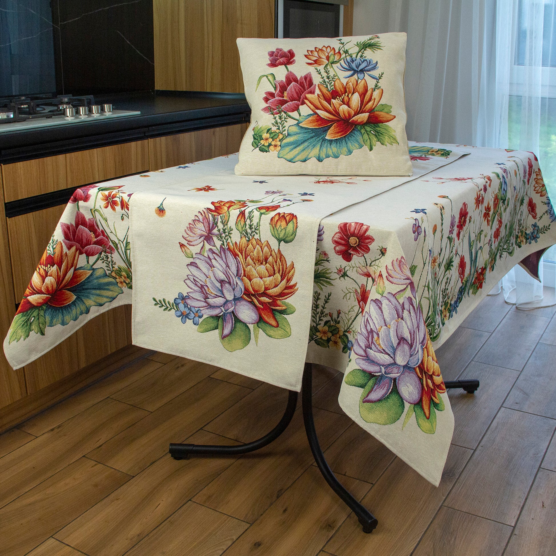 Fabric Table Runner Spring Beautiful Floral Pattern - Lotos and flowers