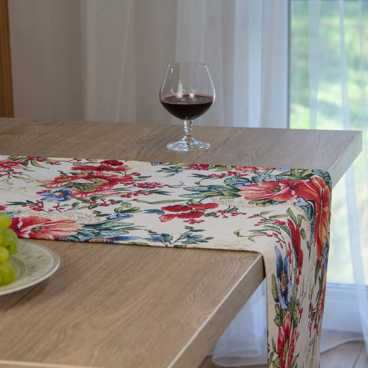 Summer Table Runner Table Floral Dahlias, Tapestry Fabric Custom Decorative Runner