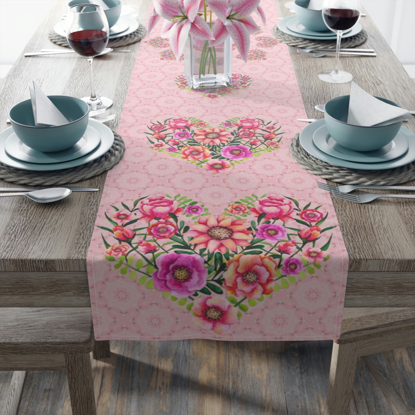 Table Runner Pink with Floral Heart Valentine's Day Gift for woman