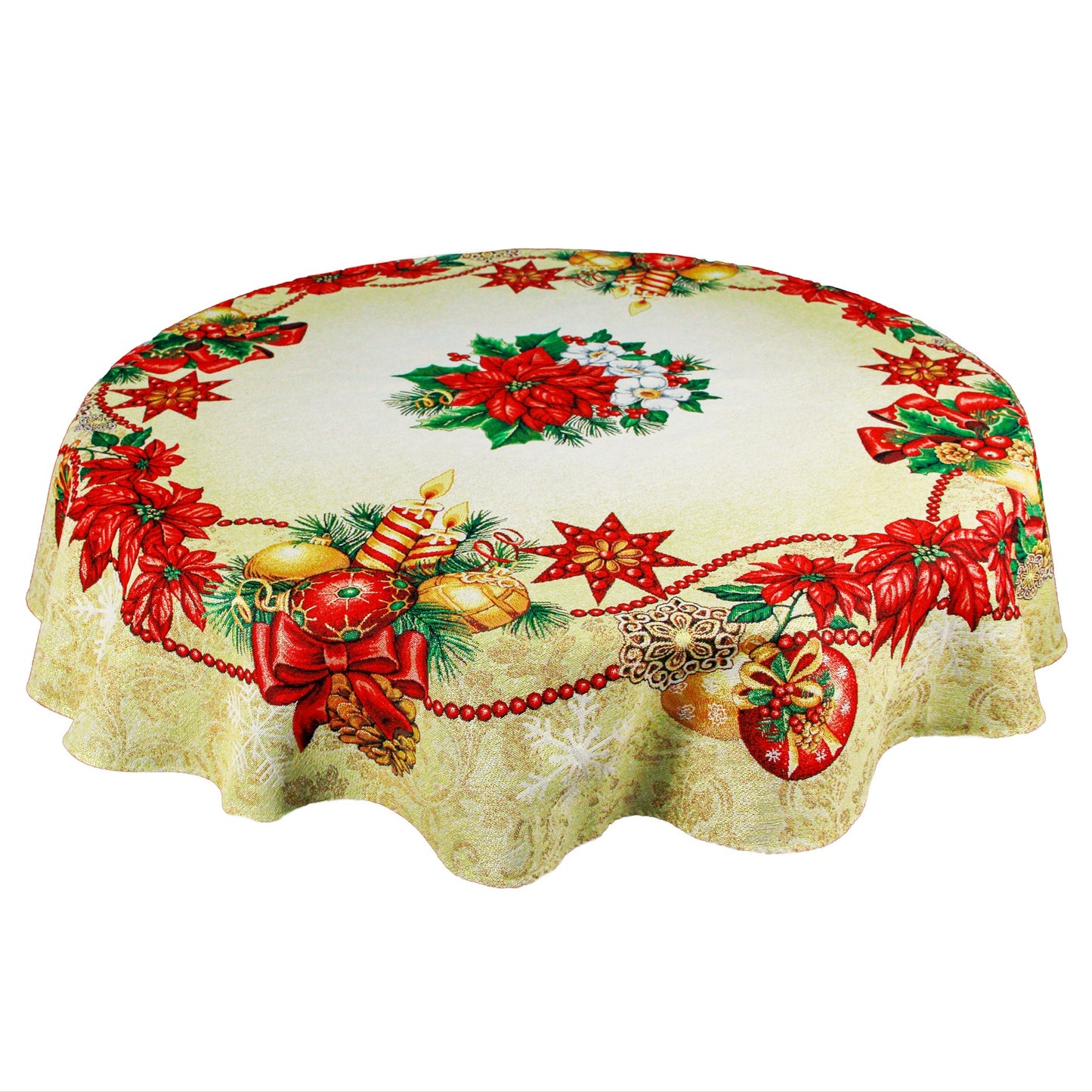 Round Christmas Tablecloth Golden Red Red Poinsettia