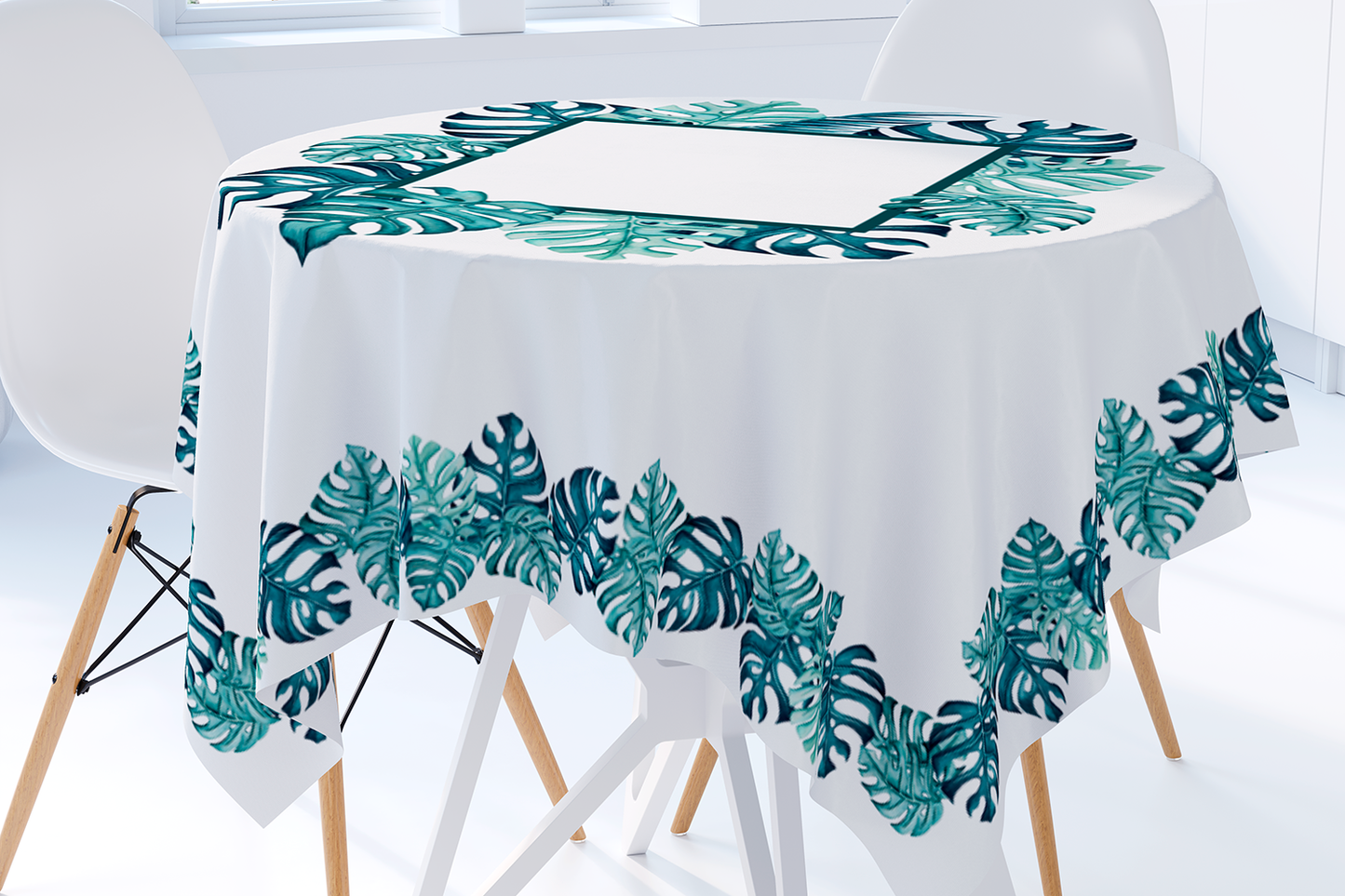 Tropical Leaves Tablecloth Monstera Turquoise Table Linen for Square or Round Table