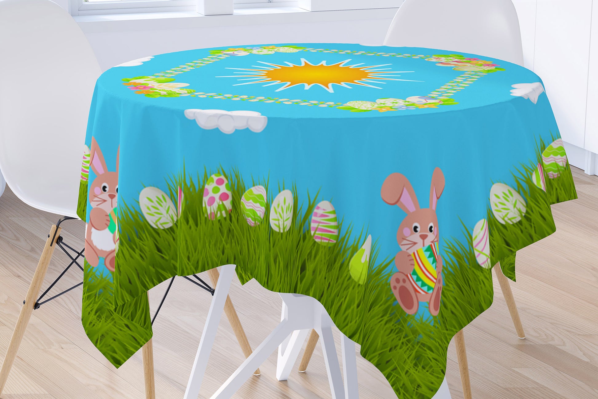 Easter Green Tablecloth with Wonderful Bunnies and Eggs.