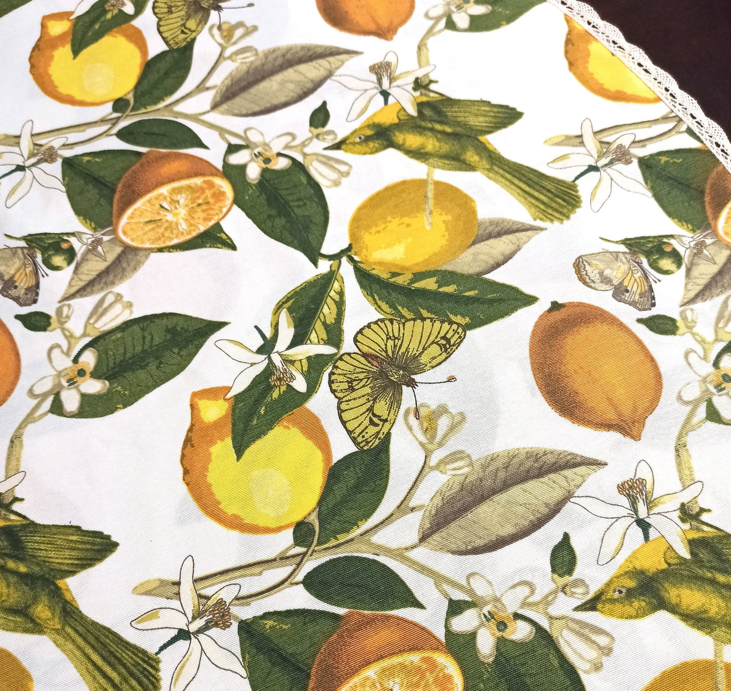 Round Tablecloth Fabric Summer Waterproof Cotton with Teflon coated Yellow Lemon Birds and Butterflies