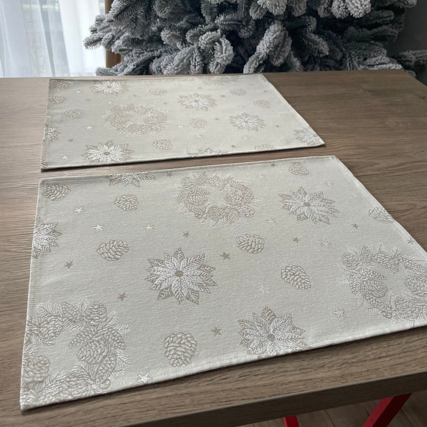 Placemats Set of 2 Christmas Ivory with Silver threads Christmas Holiday Table mats