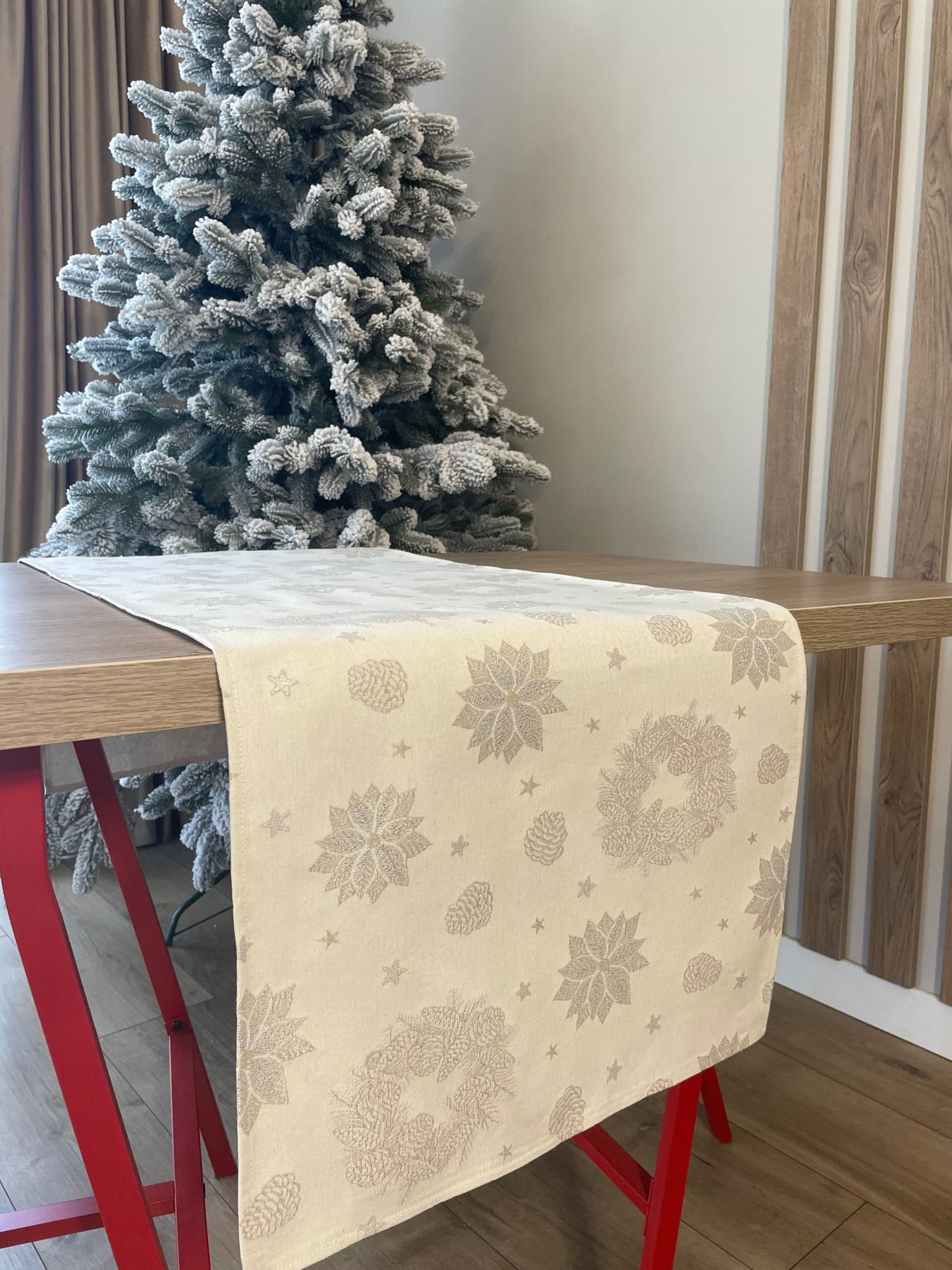 Christmas Table Runners Ivory with Silver threads, Tapestry Fabric, Christmas Cones