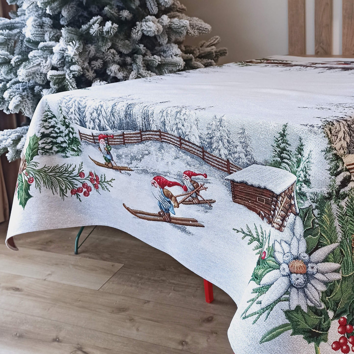 Christmas Tablecloth Fabric Holiday for Square Rectangle Table Blue with Silver threads Christmas Gnomes