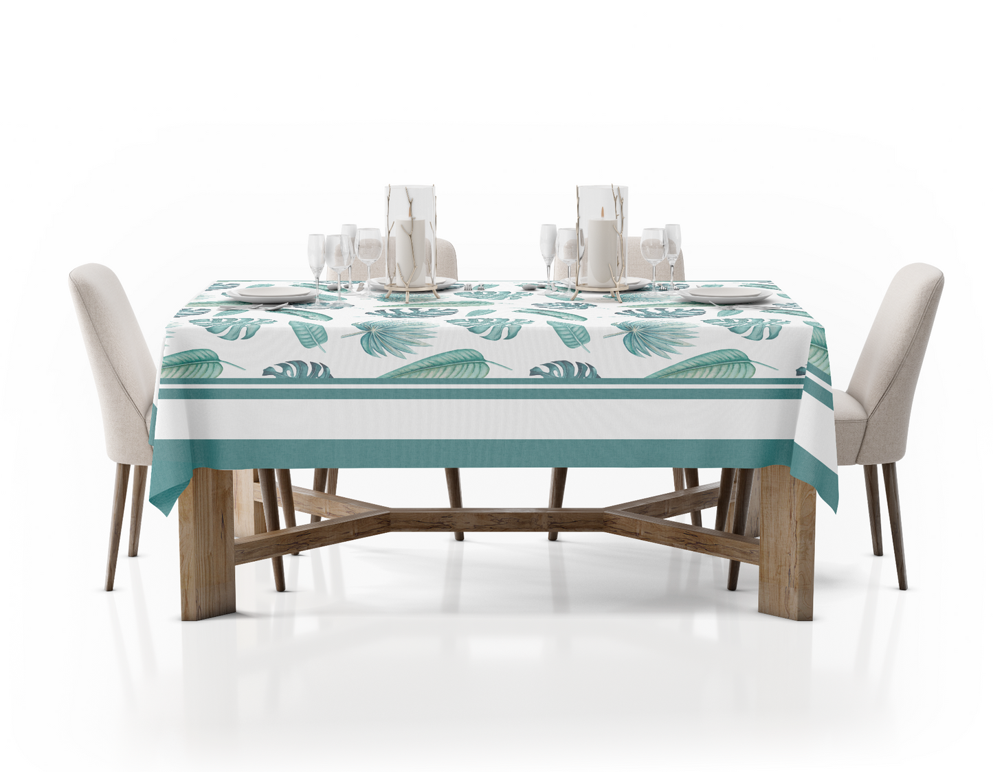 Turquoise Tablecloth Table Cover Cotton "Monstera Turquoise" Palm Leaves Tropical Deco