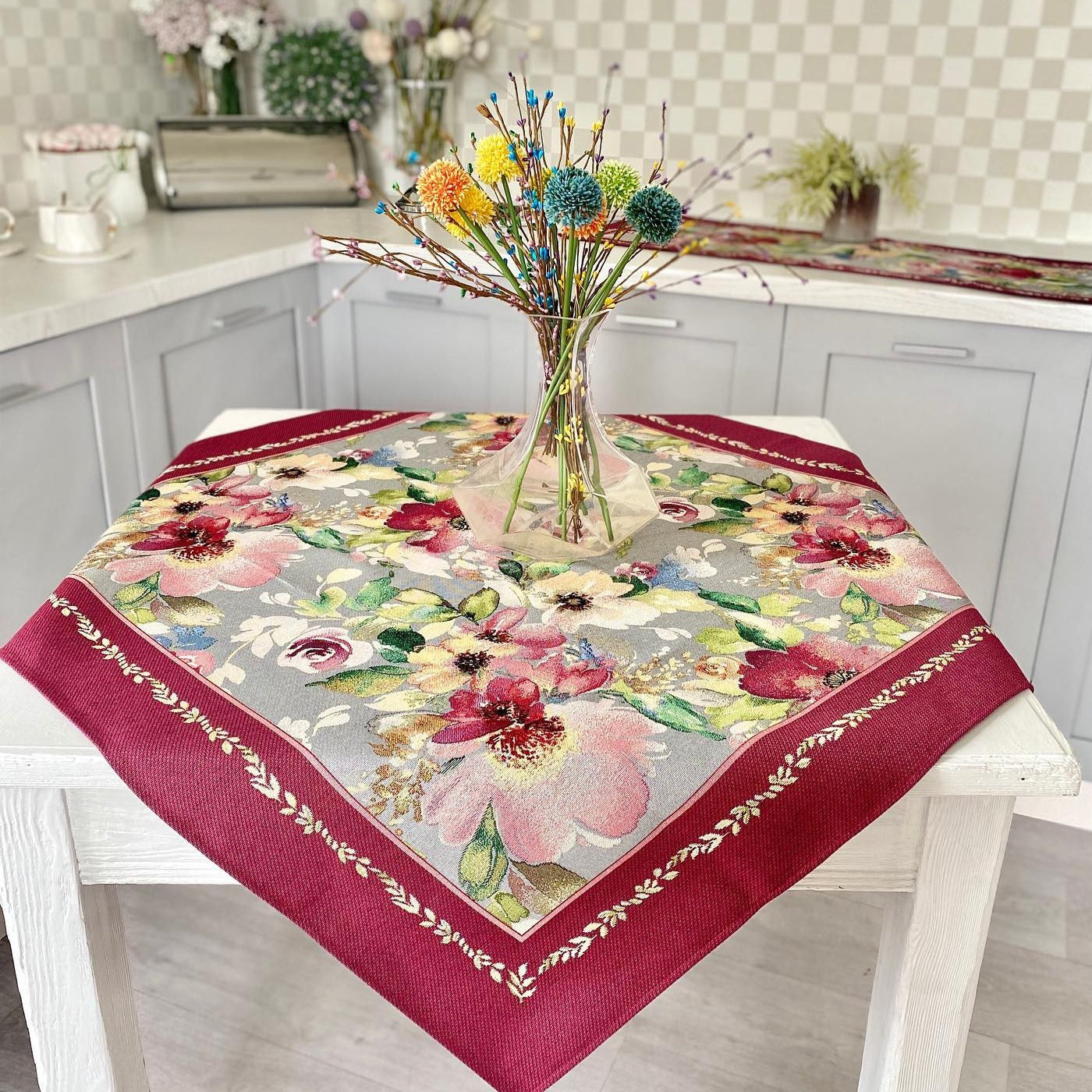 Burgundy Square Tablecloth "Flowers Aquarelle" for Rectangle Square Tables Luxury