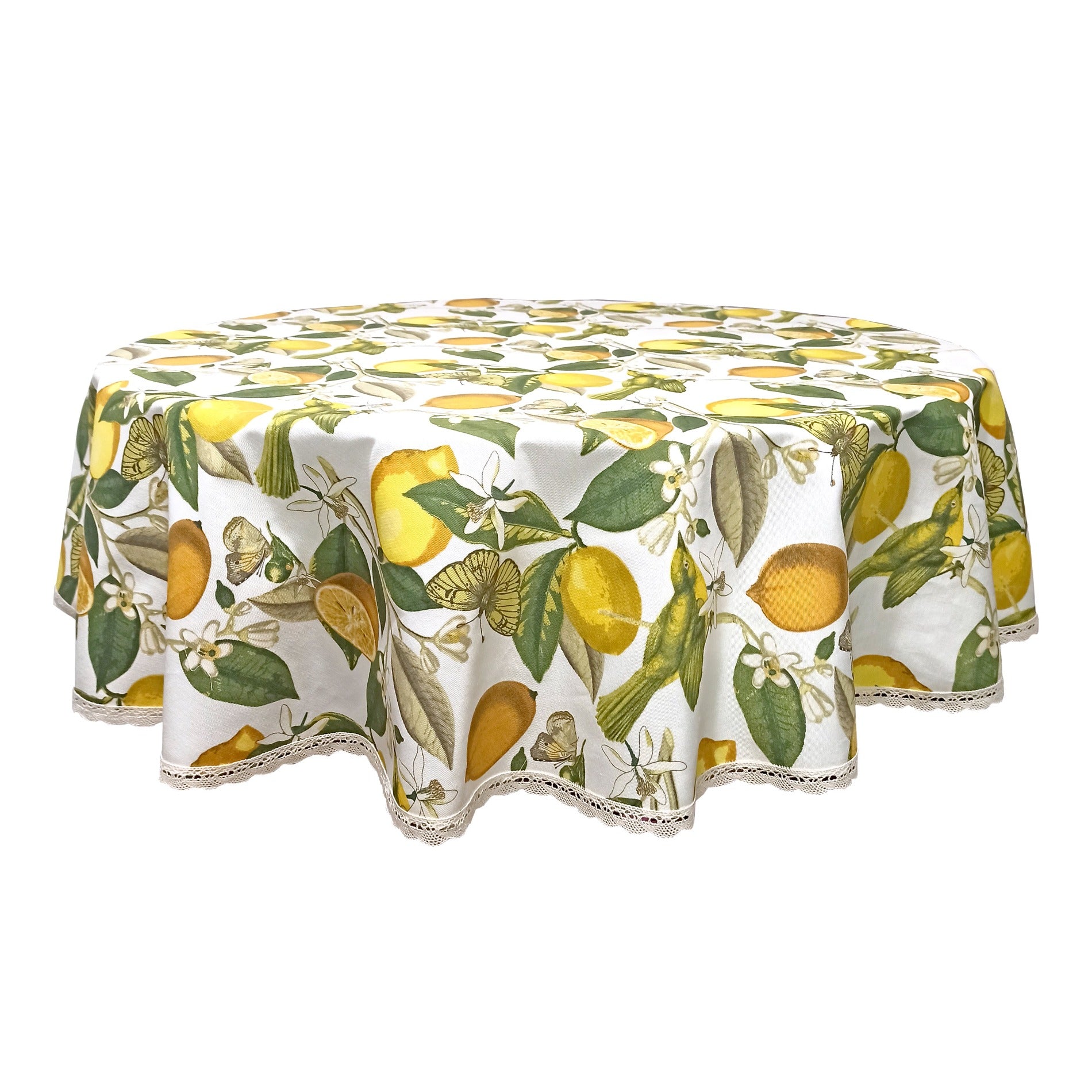 Round Tablecloth Fabric Summer Waterproof Cotton with Teflon coated Yellow Lemon Birds and Butterflies