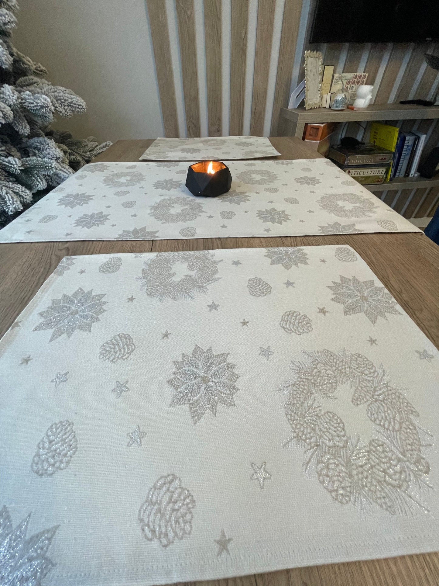 Placemats Set of 2 Christmas Ivory with Silver threads Christmas Holiday Table mats