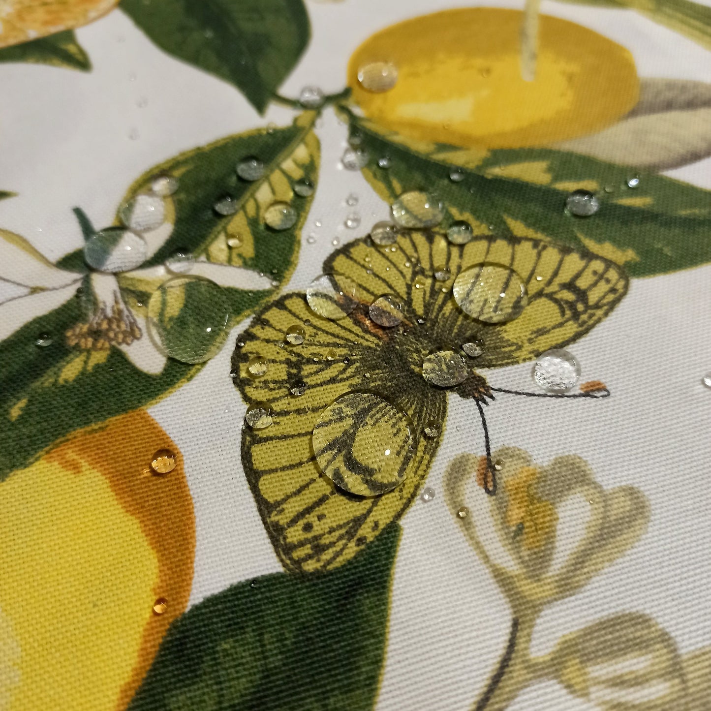 Round Tablecloth Fabric Summer Waterproof Cotton with Teflon coated Yellow Lemon Birds and Butterflies