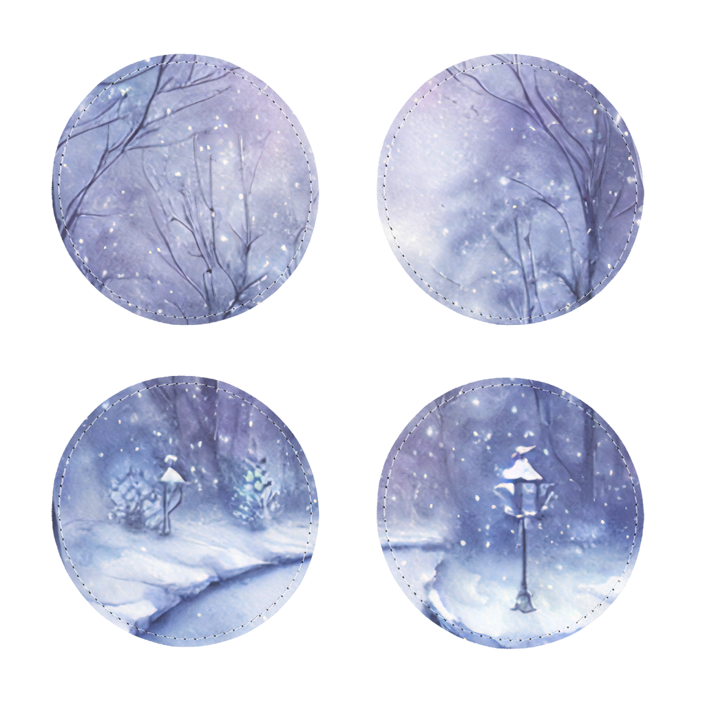 Coasters Pack of Four with Winter Forest Imeges Leather Waterproof and Heat-resistant 