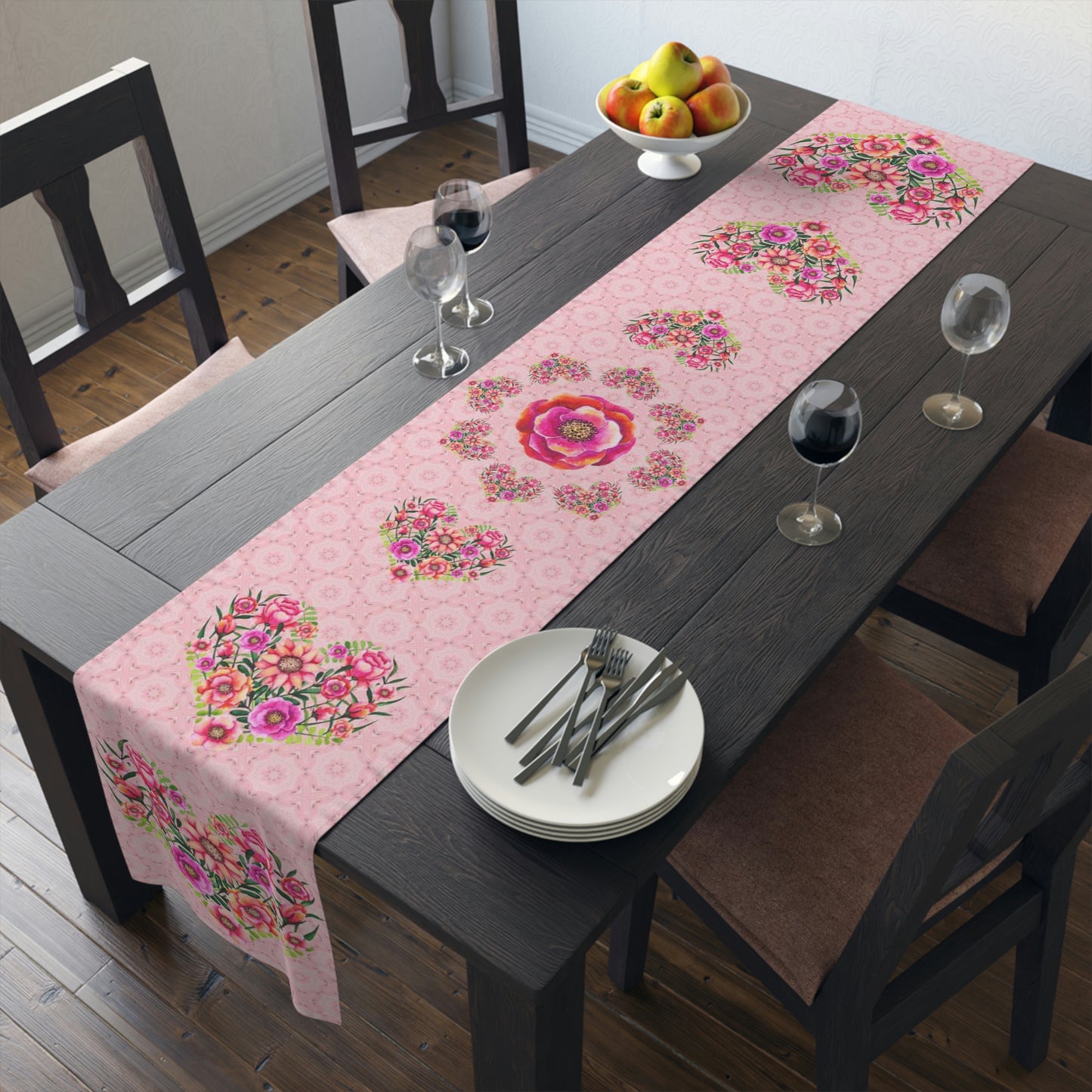 Table Runner Pink with Floral Heart Valentine's Day Gift for woman