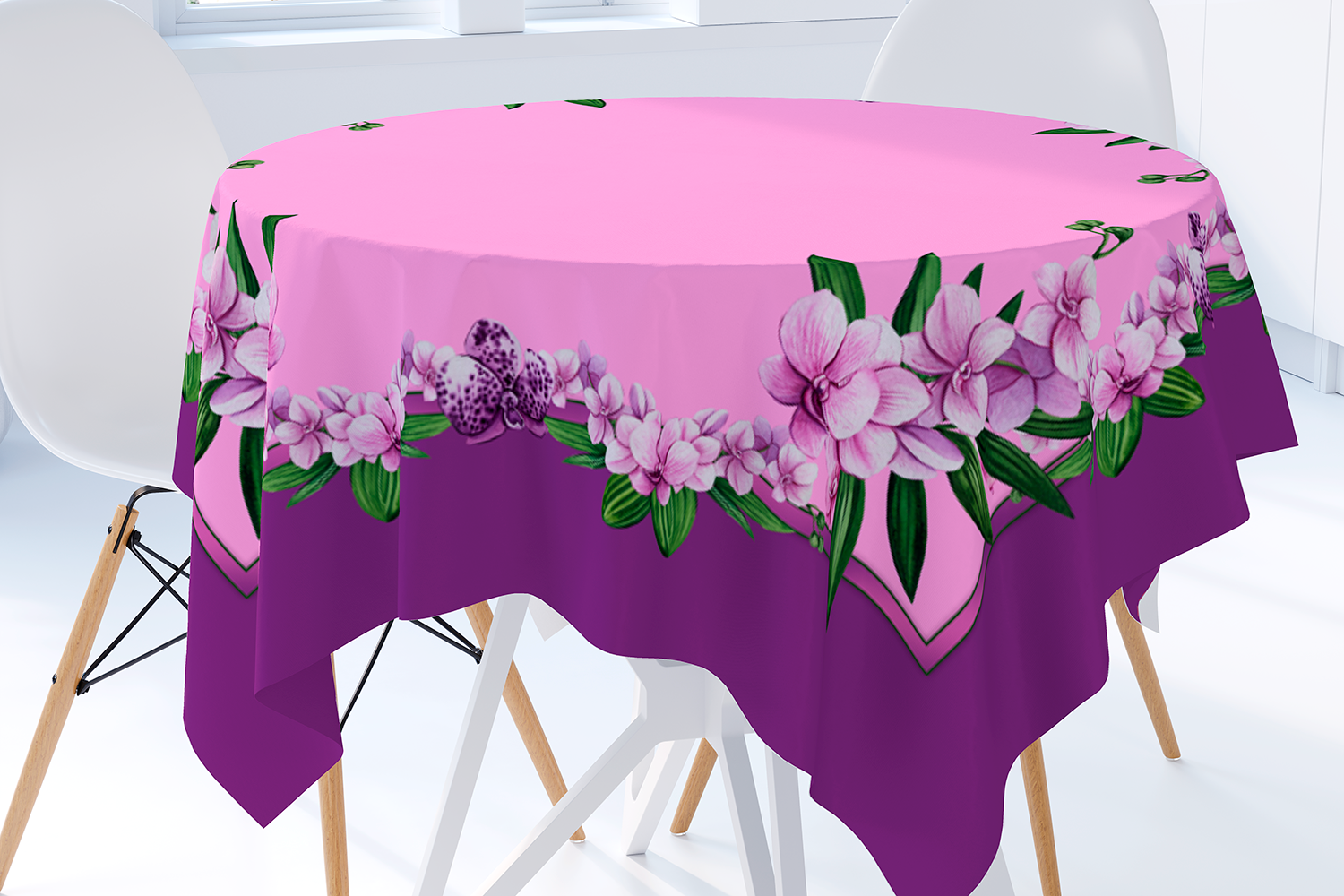 Сotton tablecloth in pink and burgundy with orchid flowers. Maystat 