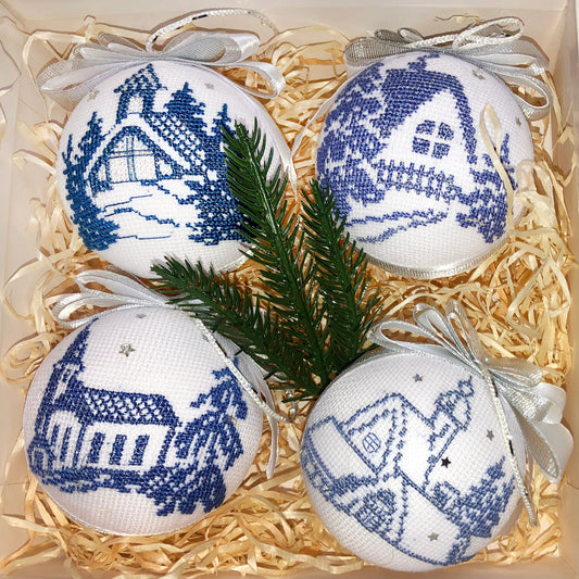 Holiday Christmas ornaments Set of 4 handmade White - Embroidered Christmas balls - Christmas village