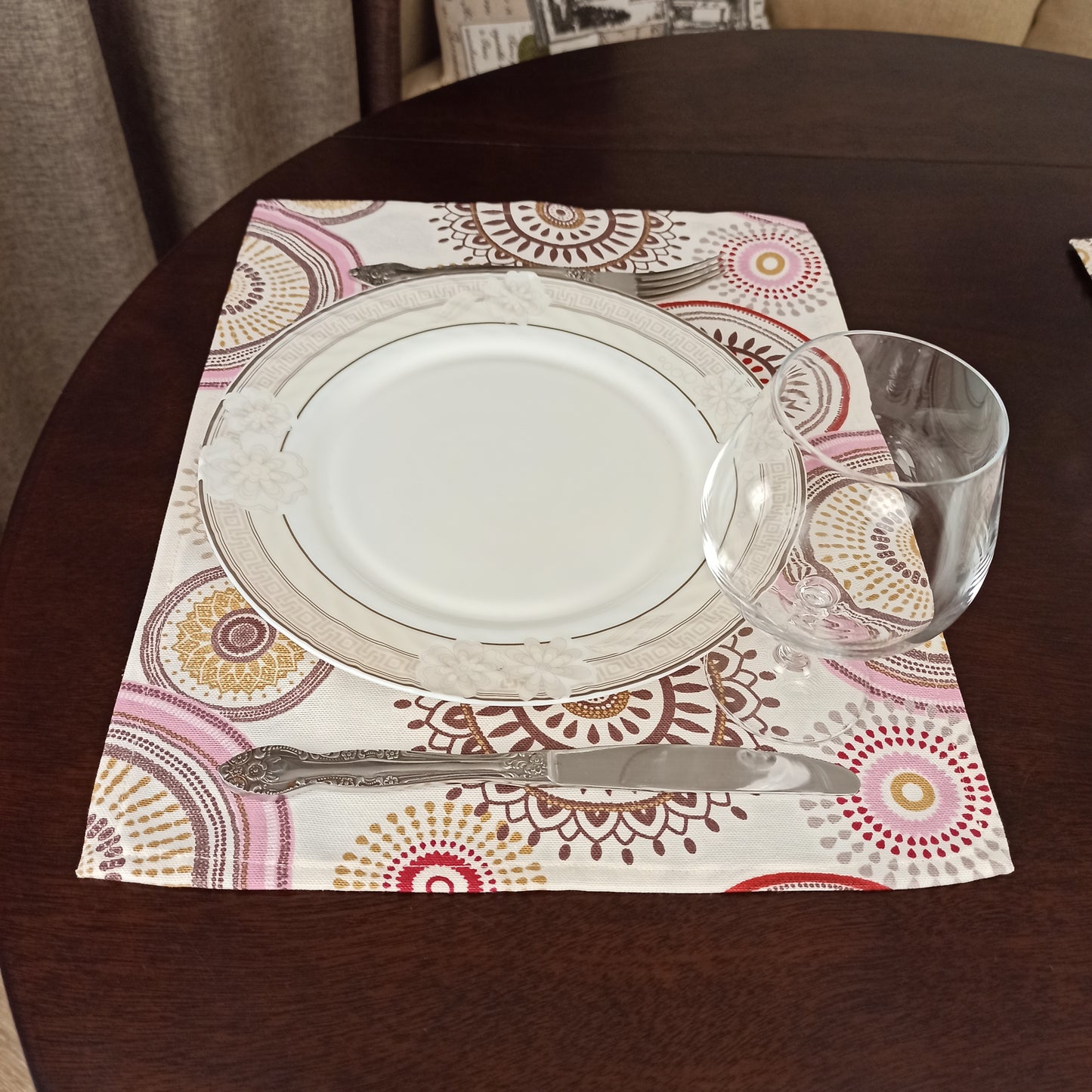 Waterproof Placemats Fabric Lovely Pink Circles on an ivory background (set of 2) Size: 12in X 16in (30cm X 40cm)