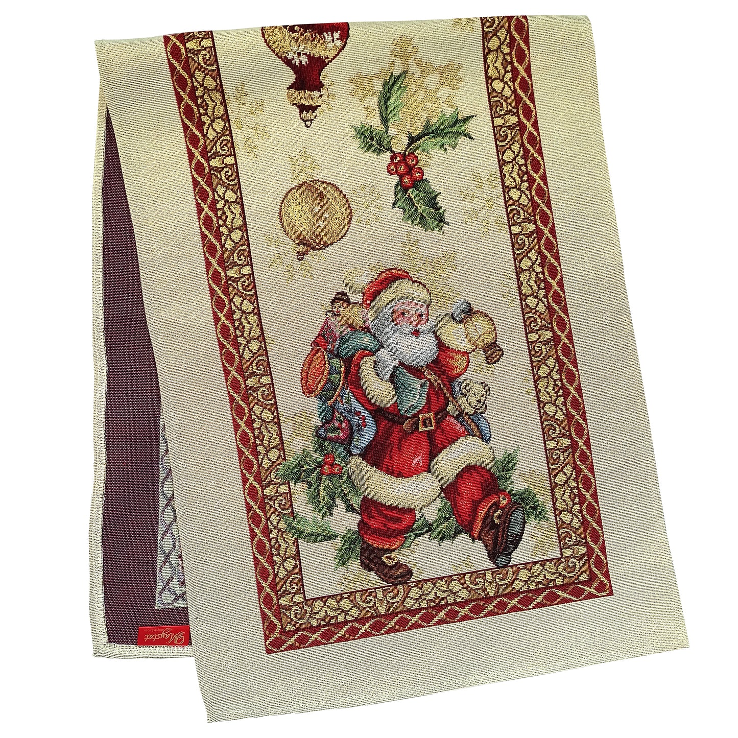 Christmas Table Runners Golden Lurex Fabric Tapestry Rectangular Santa Old Pattern 