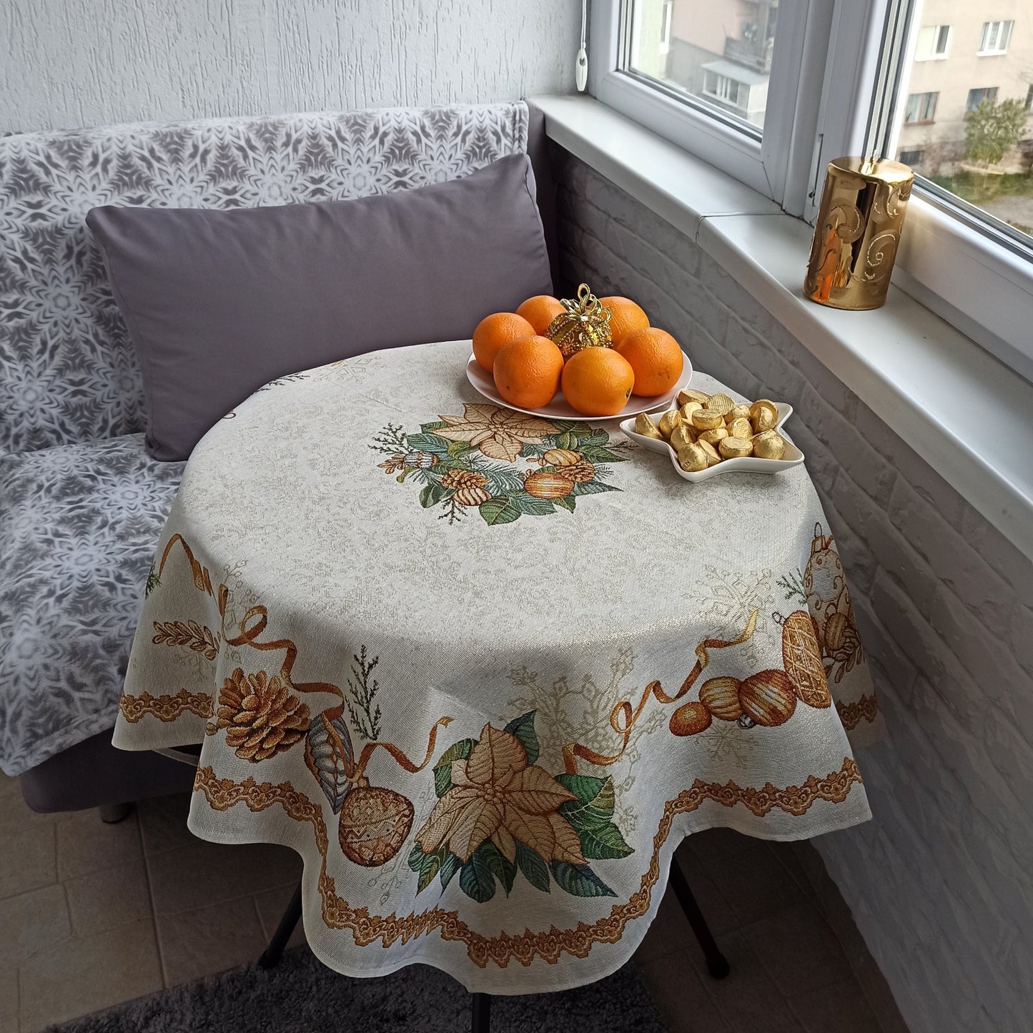 Tablecloth for Christmas Gold for Square Rectangle Table - Gold Poinsettia