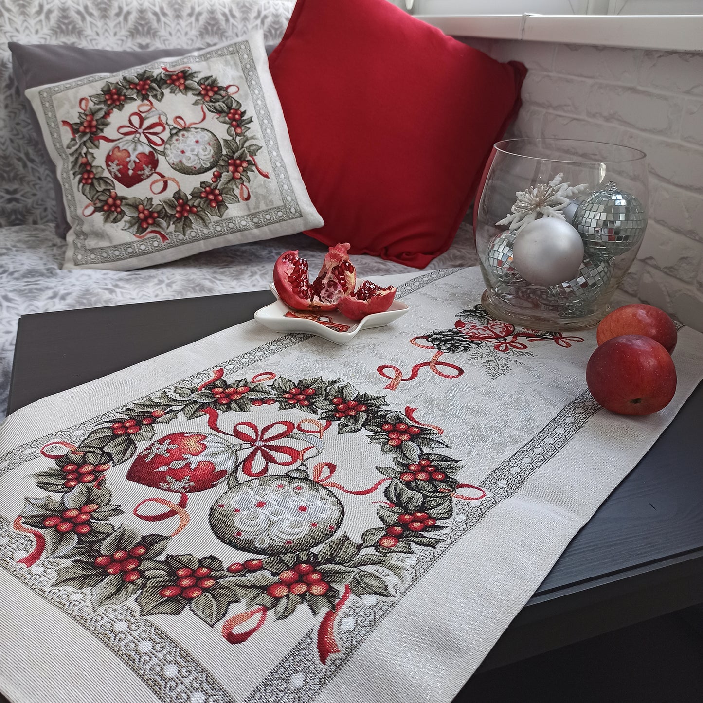 Christmas Table Runners White with Silver threads, Tapestry Fabric, Red Poinsettia Media 1 of 7