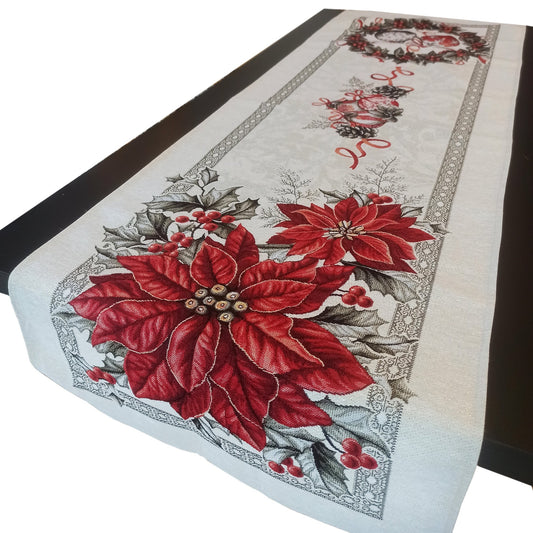 Christmas Table Runners White with Silver threads, Tapestry Fabric, Red Poinsettia