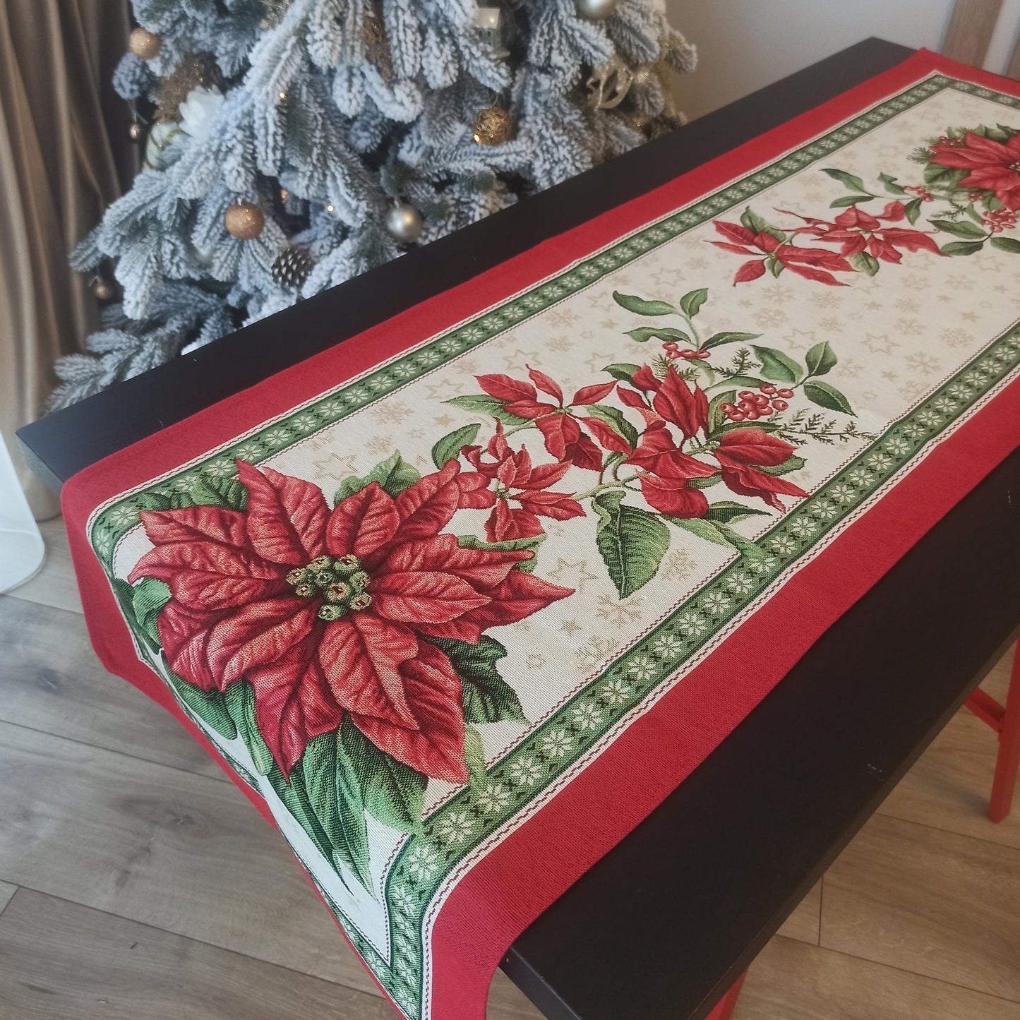 Table Runners Christmas Red Tapestry Fabric Rectangular with Poinsettia Holiday