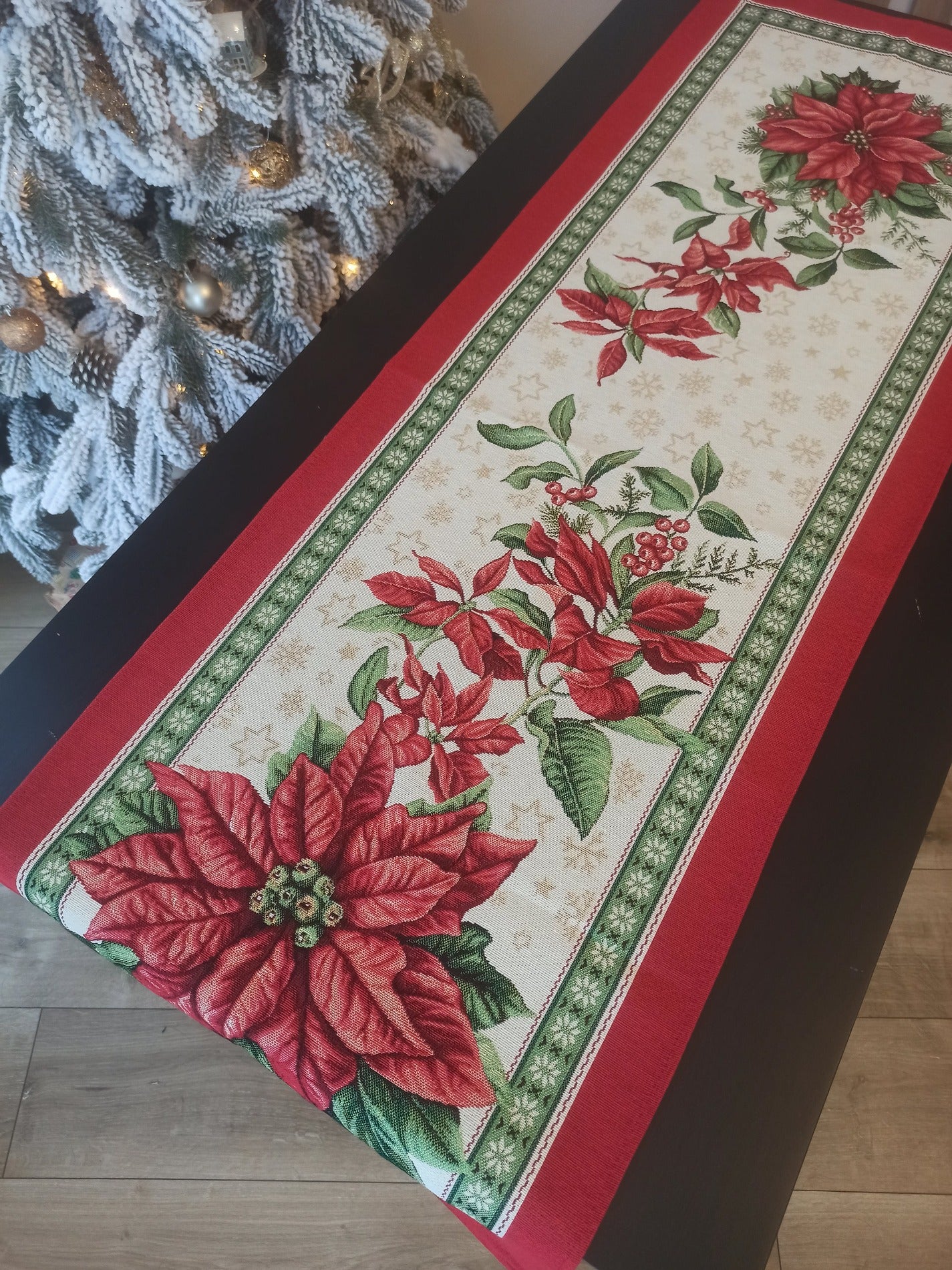 Table Runners Christmas Red Tapestry Fabric Rectangular with Poinsettia Holiday