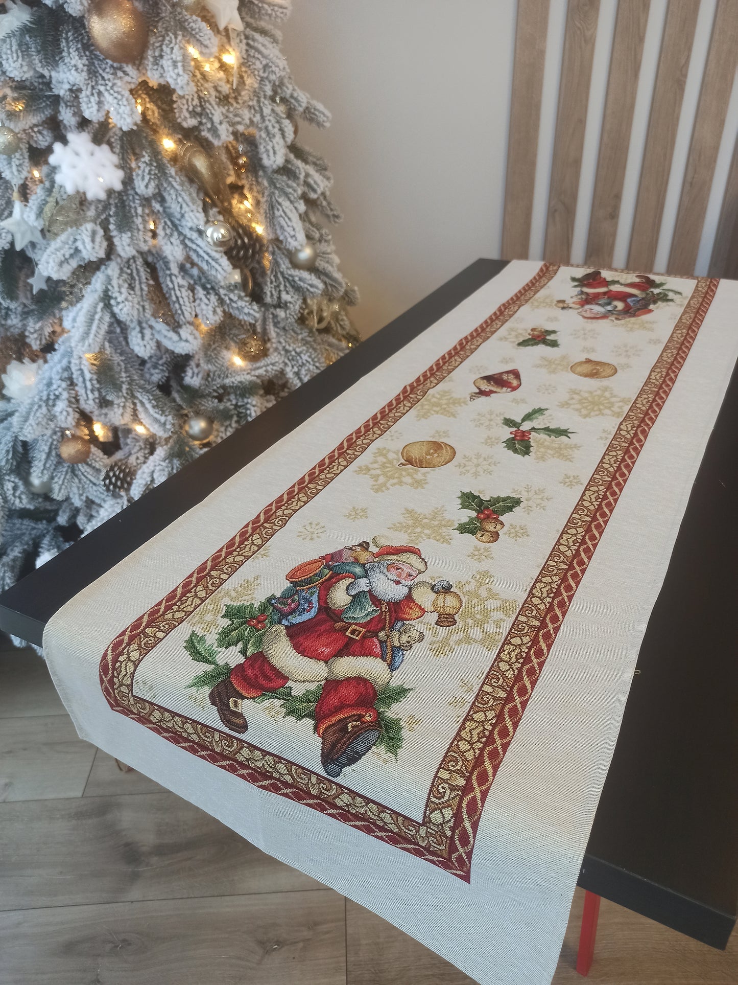 Christmas Table Runners Golden Lurex Fabric Tapestry Rectangular Santa Old Pattern