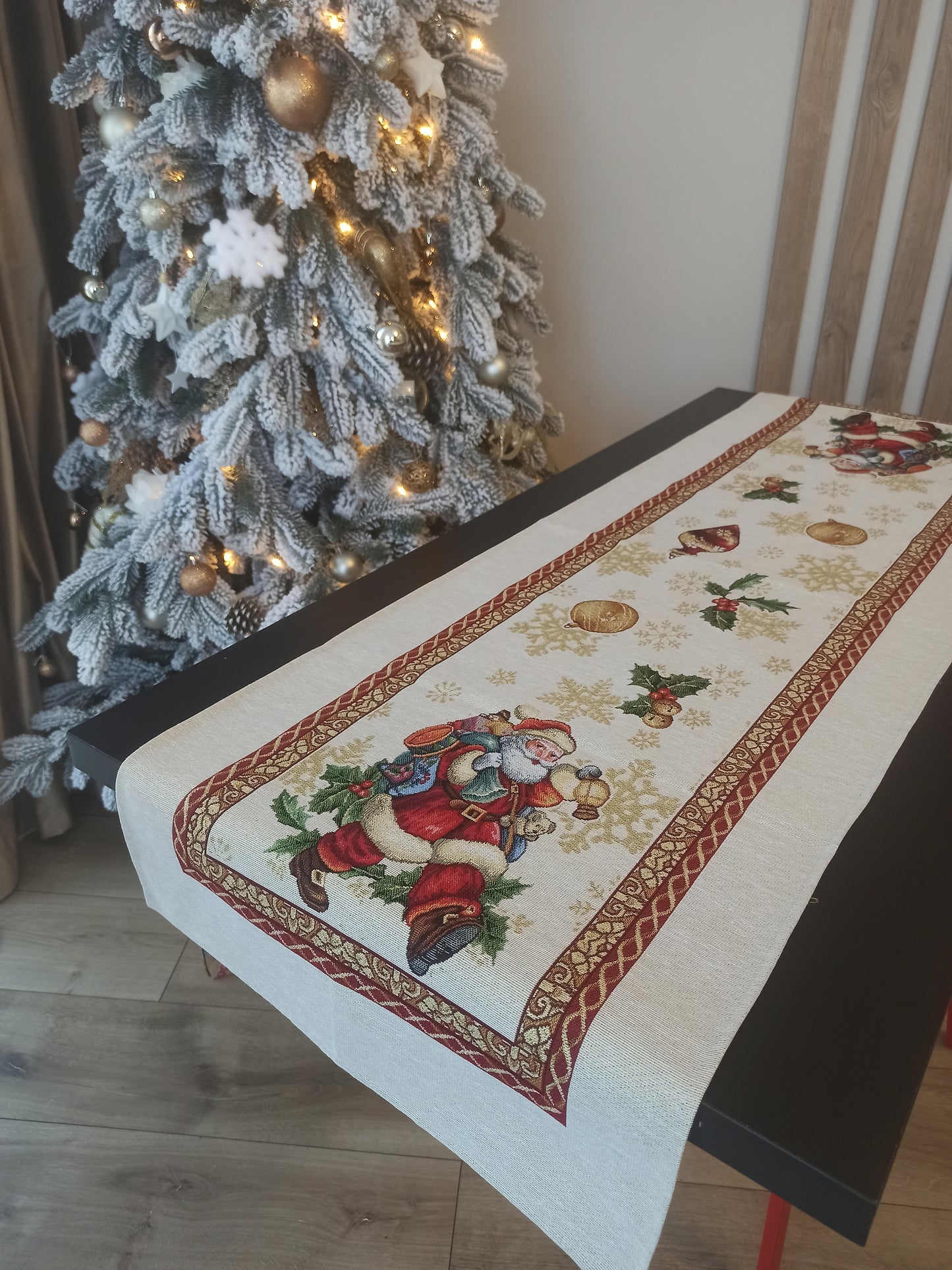 Christmas Table Runners Golden Lurex Fabric Tapestry Rectangular Santa Old Pattern