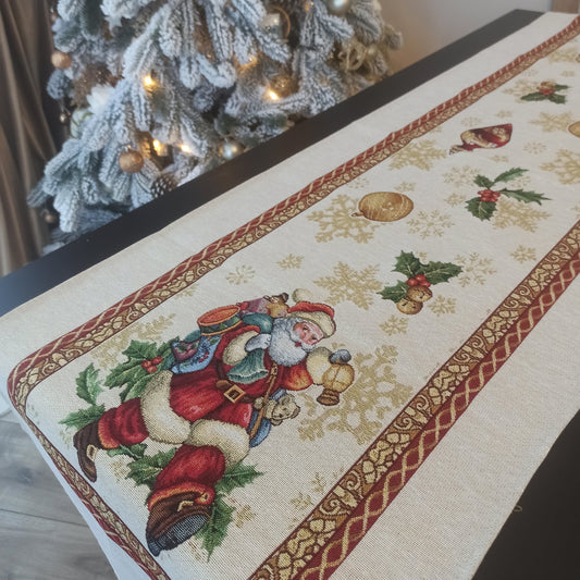 Christmas Table Runners Golden Lurex Fabric Tapestry Rectangular Santa Old Pattern