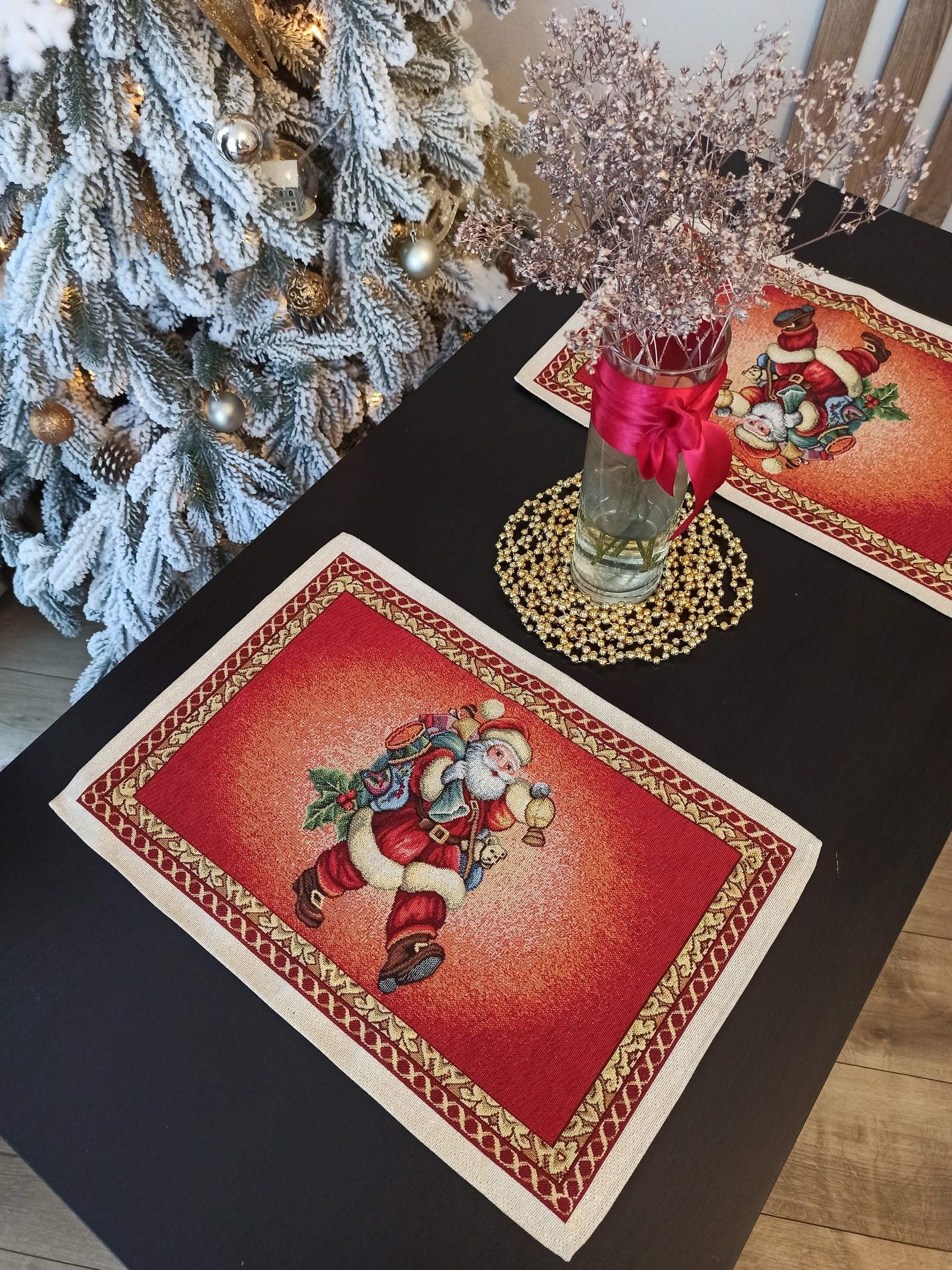 Christmas Placemats Set of 2 Red Glitter with Santa Claus Golden threads Holiday Table mats