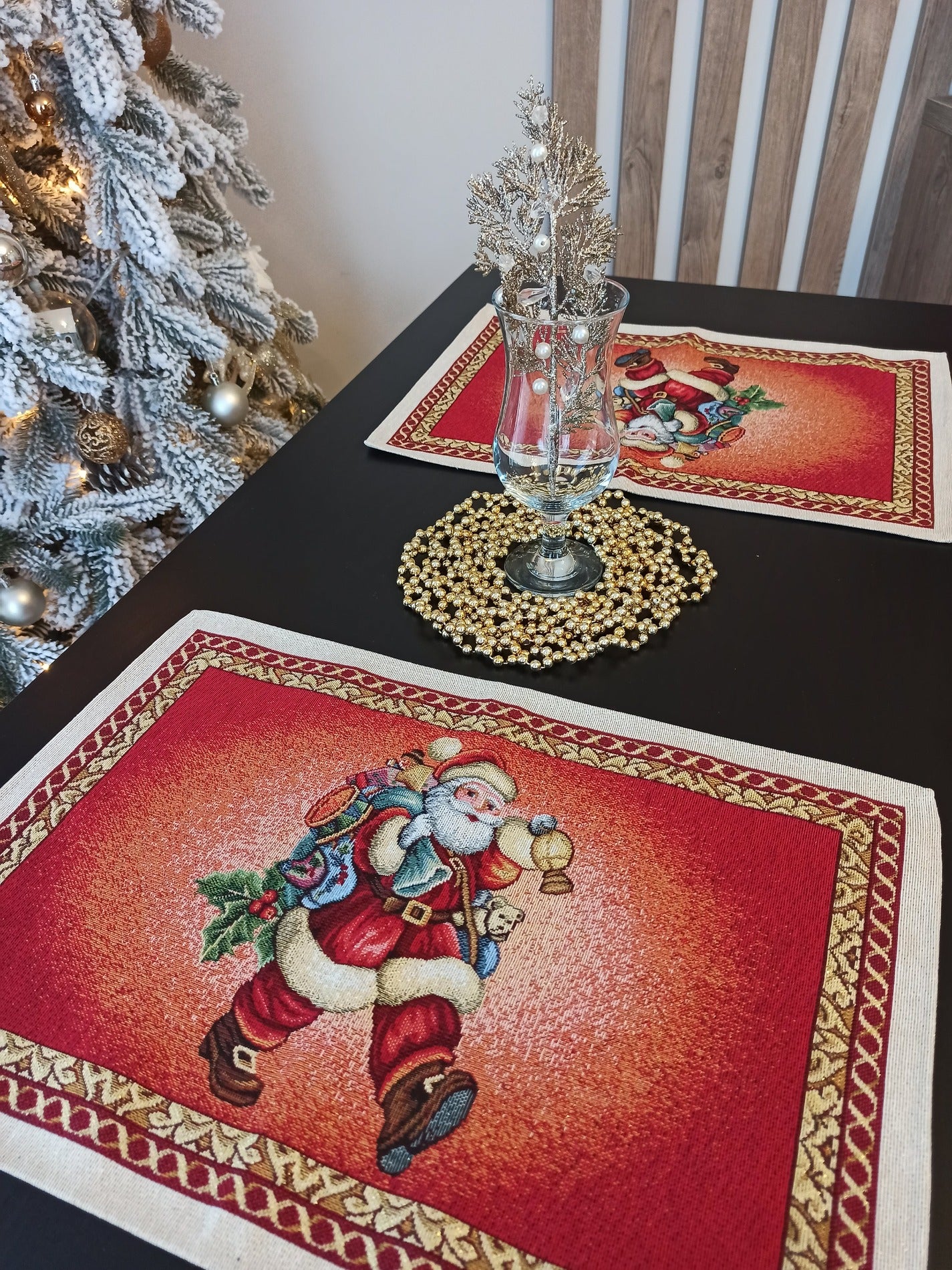 Christmas Placemats Set of 2 Red Glitter with Santa Claus Golden threads Holiday Table mats