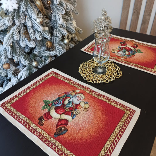 Christmas Placemats Set of 2 Red Glitter with Santa Claus Golden threads Holiday Table mats