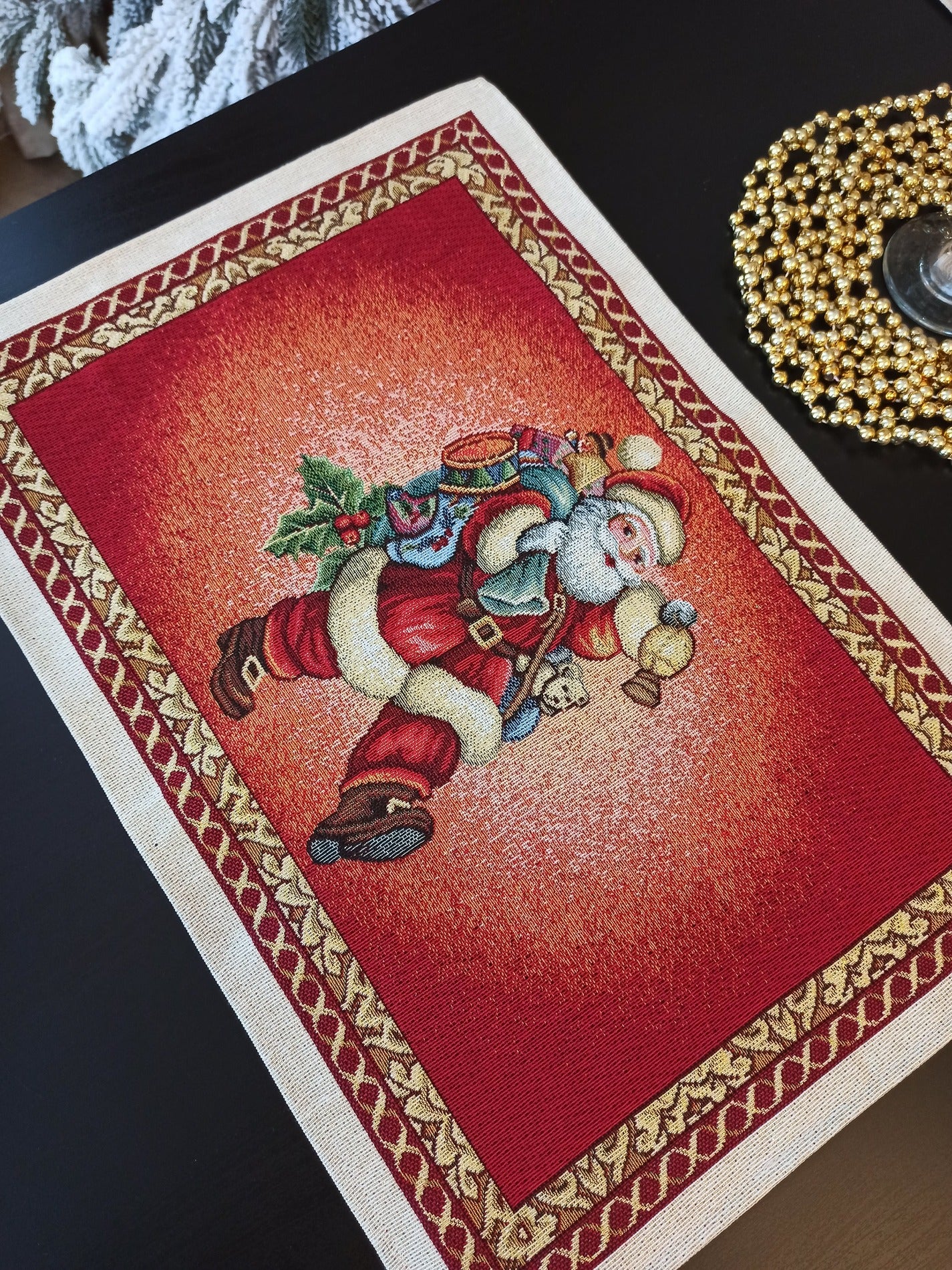 Christmas Placemats Set of 2 Red Glitter with Santa Claus Golden threads Holiday Table mats