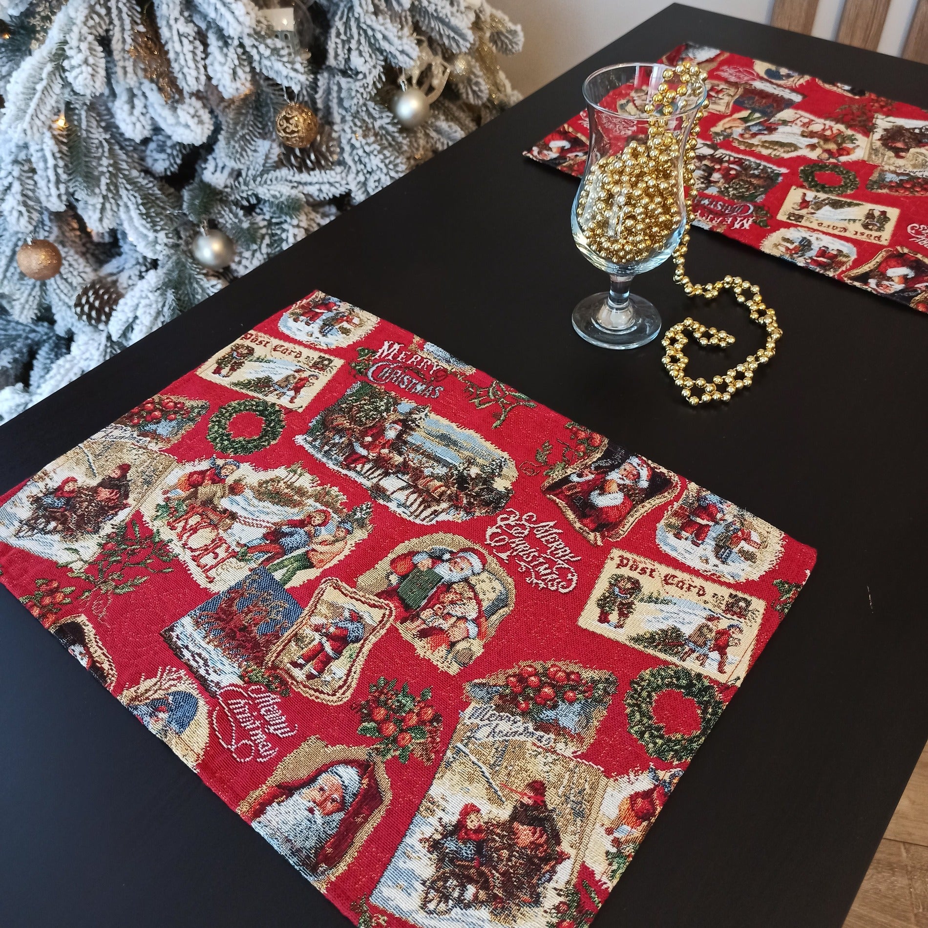 Christmas Placemats Set of 2 Red Retro Glitter with Santa Claus Golden threads Holiday Table mats