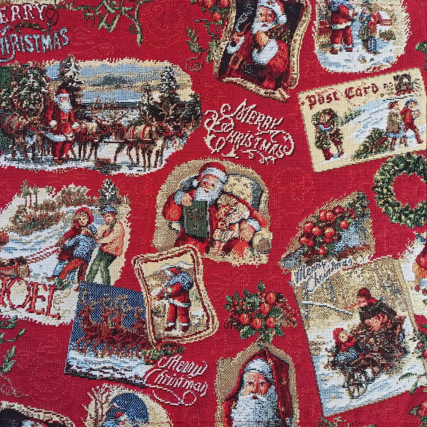 Christmas Table Runners Red with Golden Lurex, Tapestry Fabric, Rectangular Santa, and Old Pattern