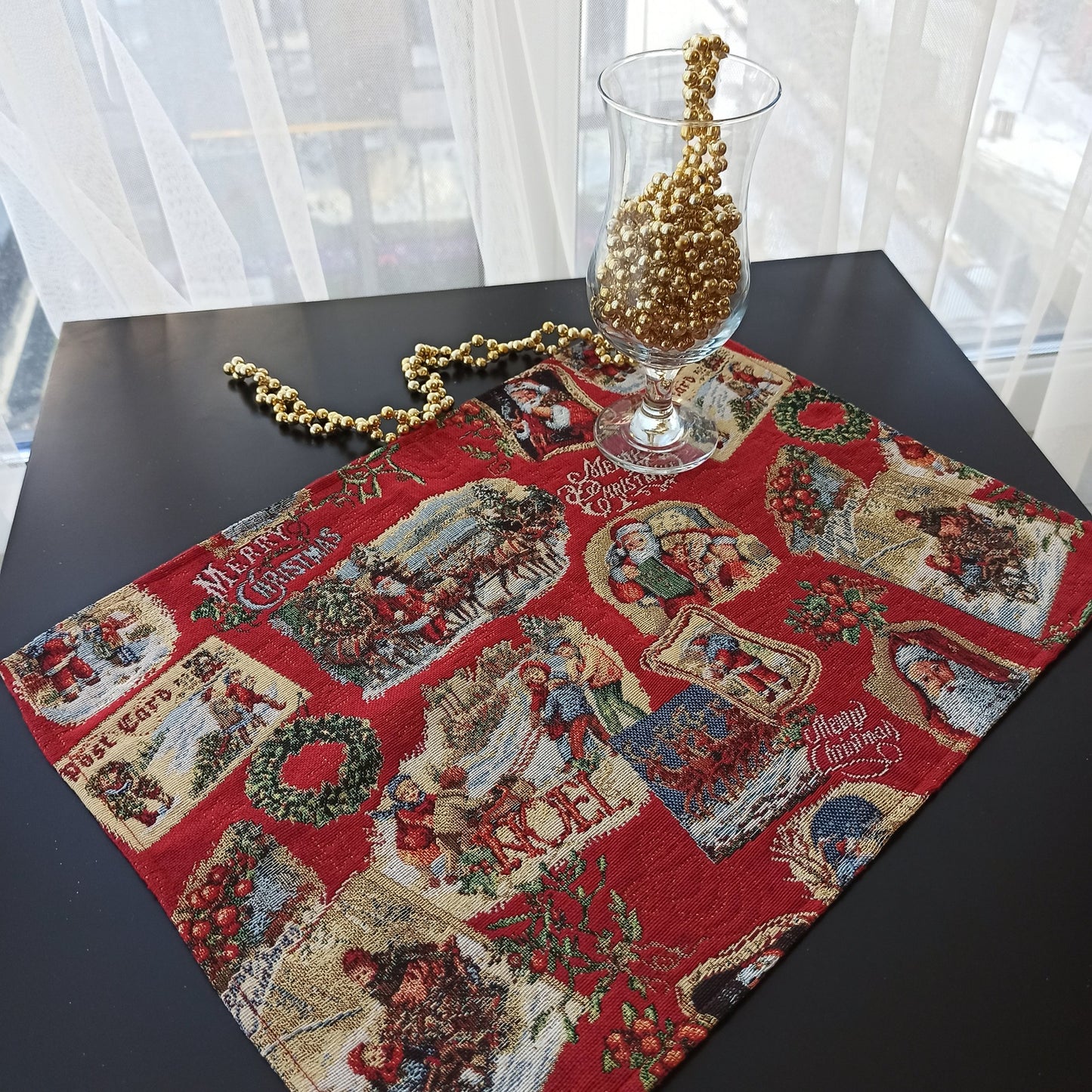 Christmas Placemats Set of 2 Red Retro Glitter with Santa Claus Golden threads Holiday Table mats