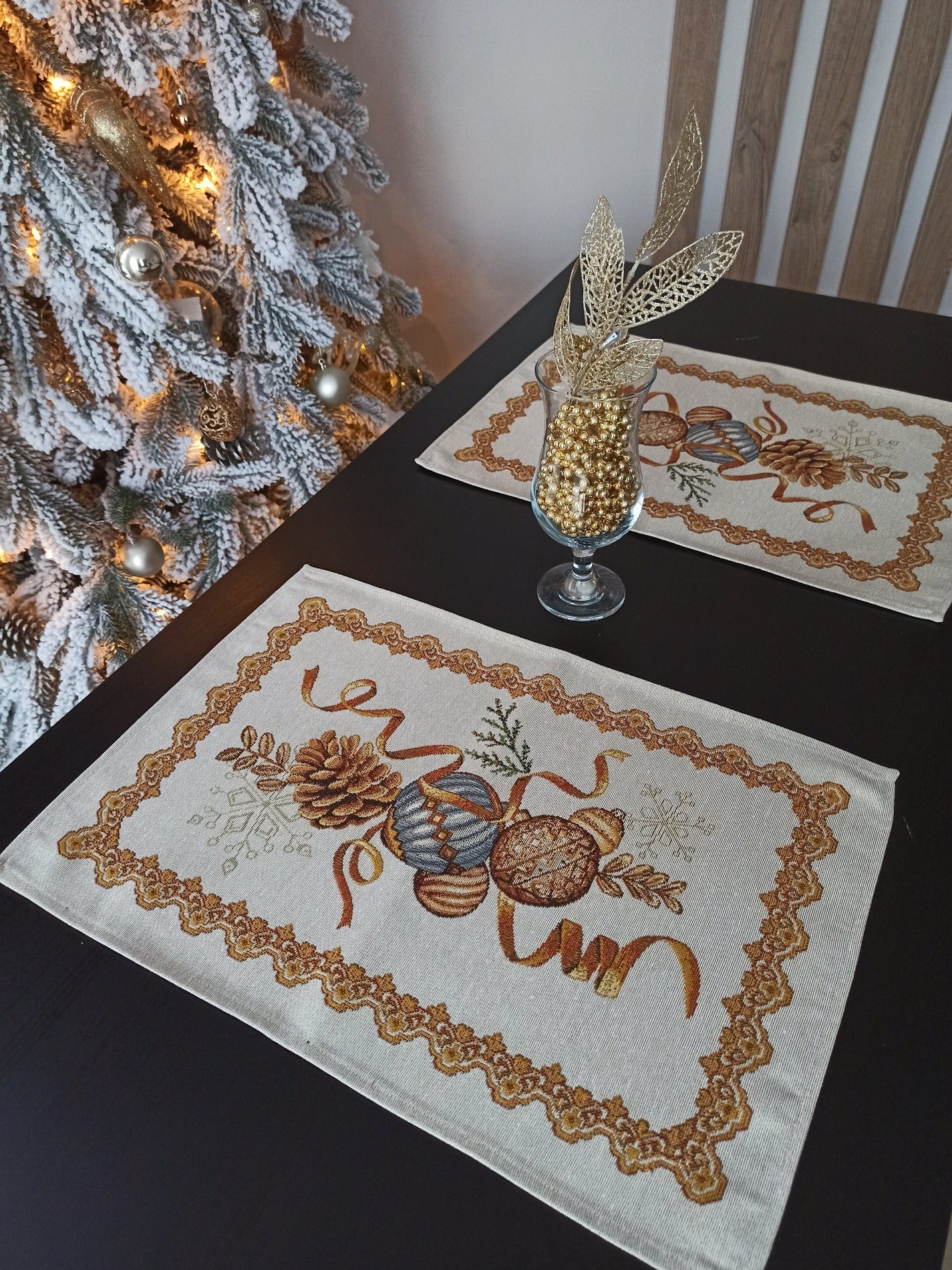 Christmas Placemats Set of 2 Gold Glitter with Spruce Cone Golden threads Holiday Table mats