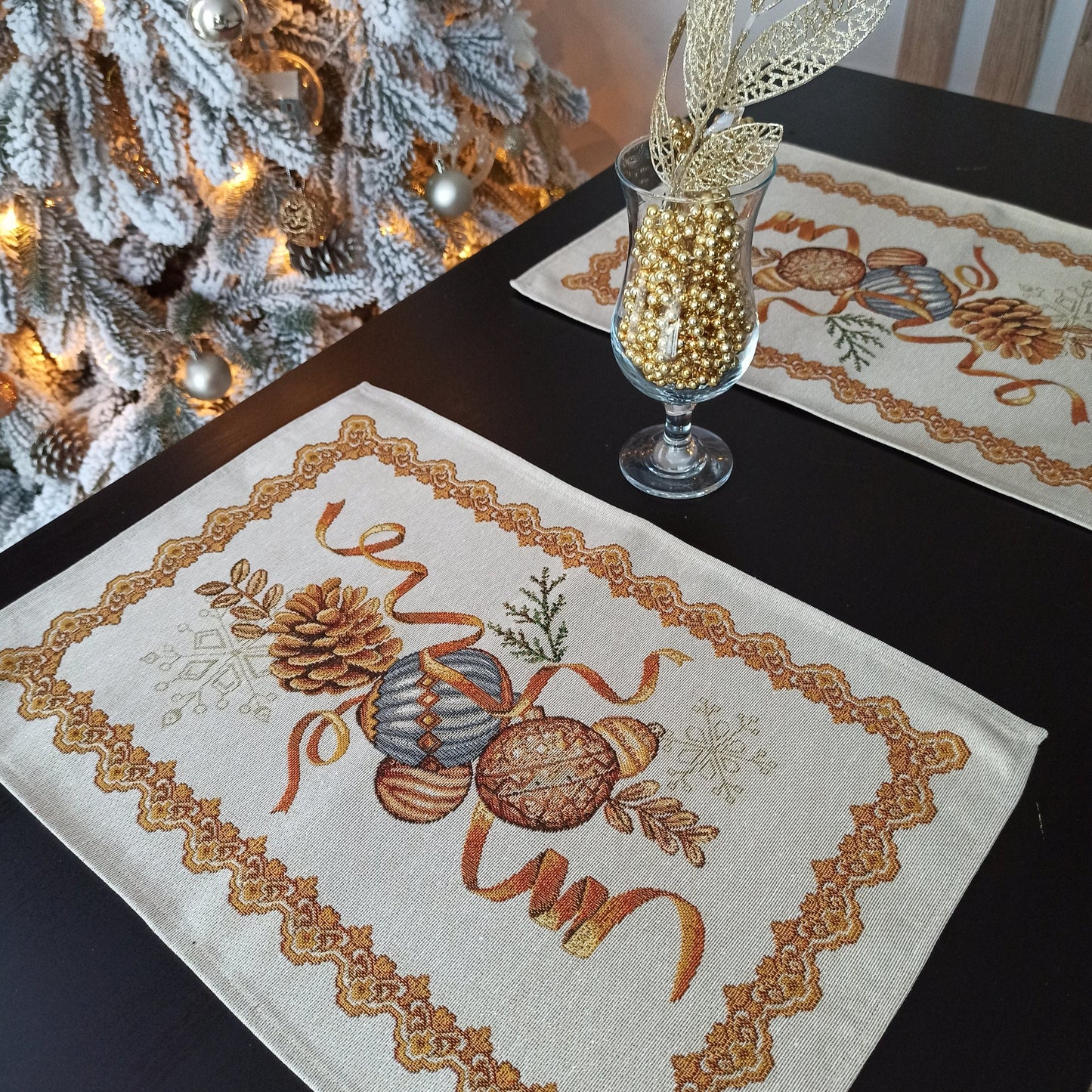 Christmas Placemats Set of 2 Gold Glitter with Spruce Cone Golden threads Holiday Table mats