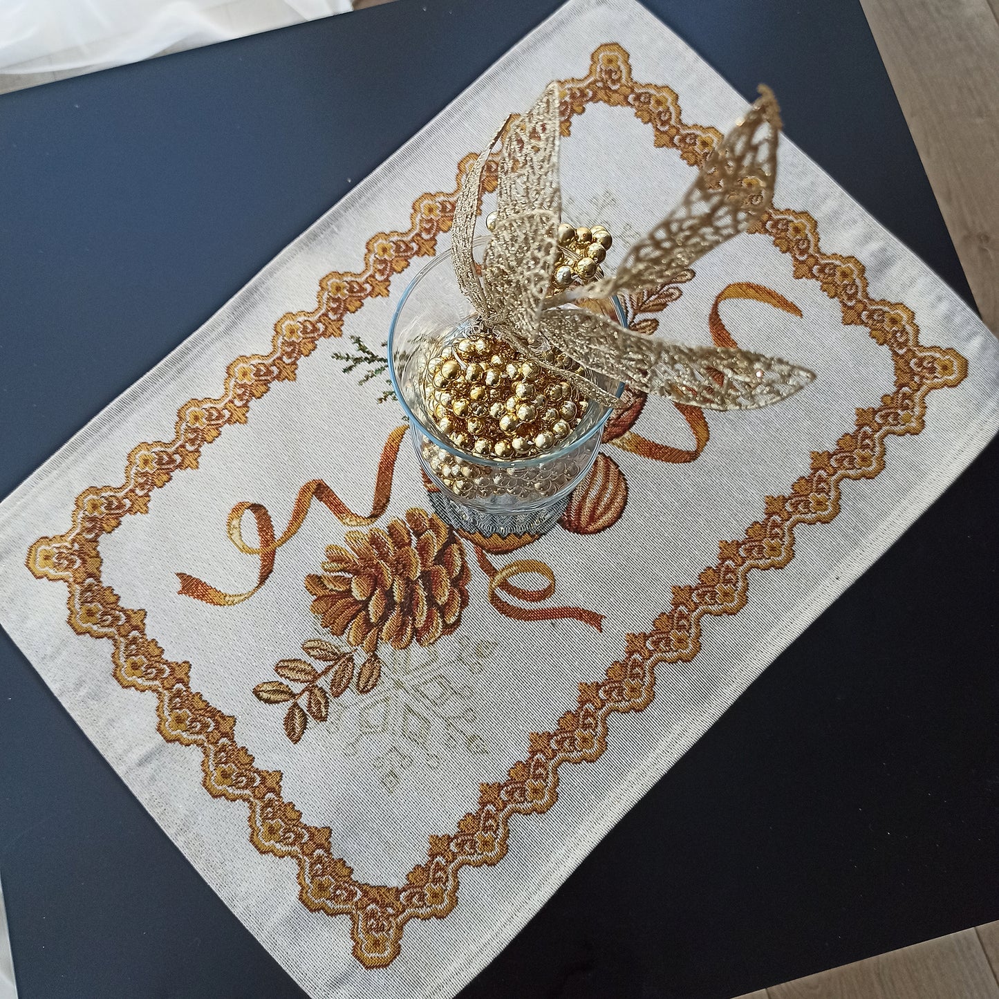 Christmas Placemats Set of 2 Gold Glitter with Spruce Cone Golden threads Holiday Table mats