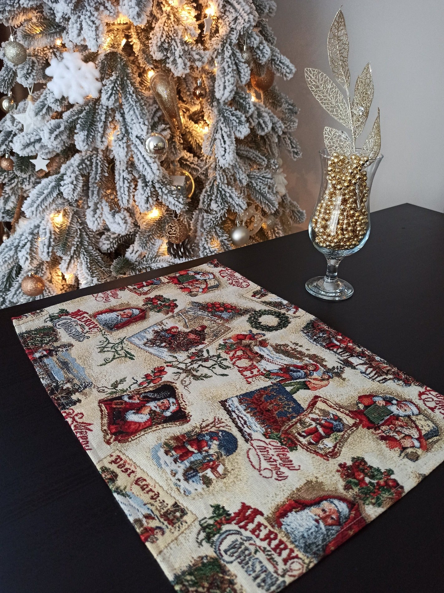 Christmas Placemats Set of 2 Gold Retro Glitter with Santa Claus Golden threads Holiday Table mats