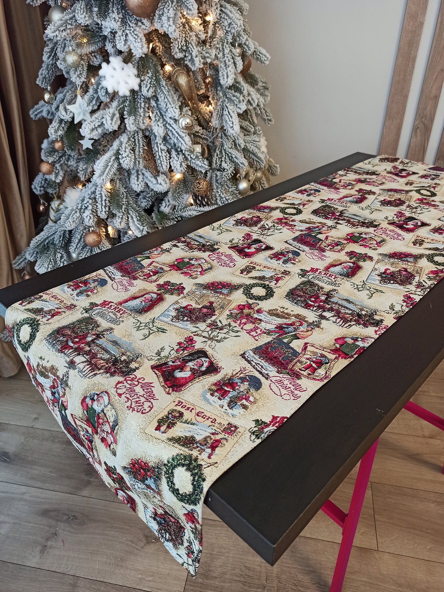 Christmas Table Runners Gold with Golden threads, Tapestry Fabric, Santa, and Old Pattern