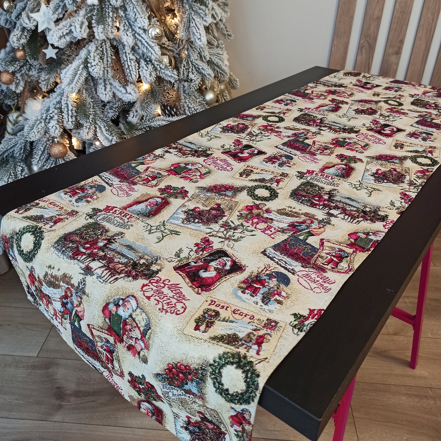 Christmas Table Runners Gold with Golden threads, Tapestry Fabric, Santa, and Old Pattern