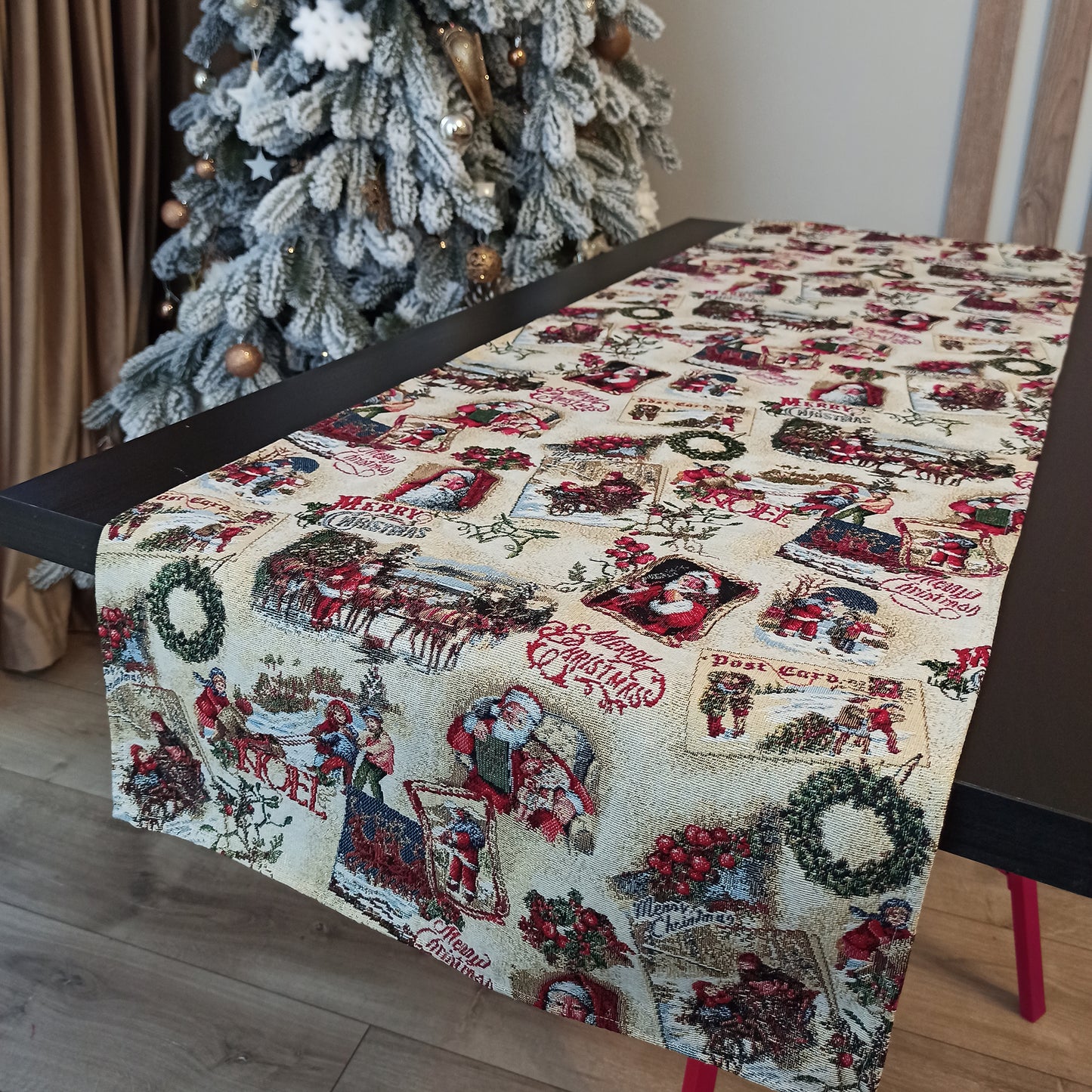 Christmas Table Runners Gold with Golden threads, Tapestry Fabric, Santa, and Old Pattern