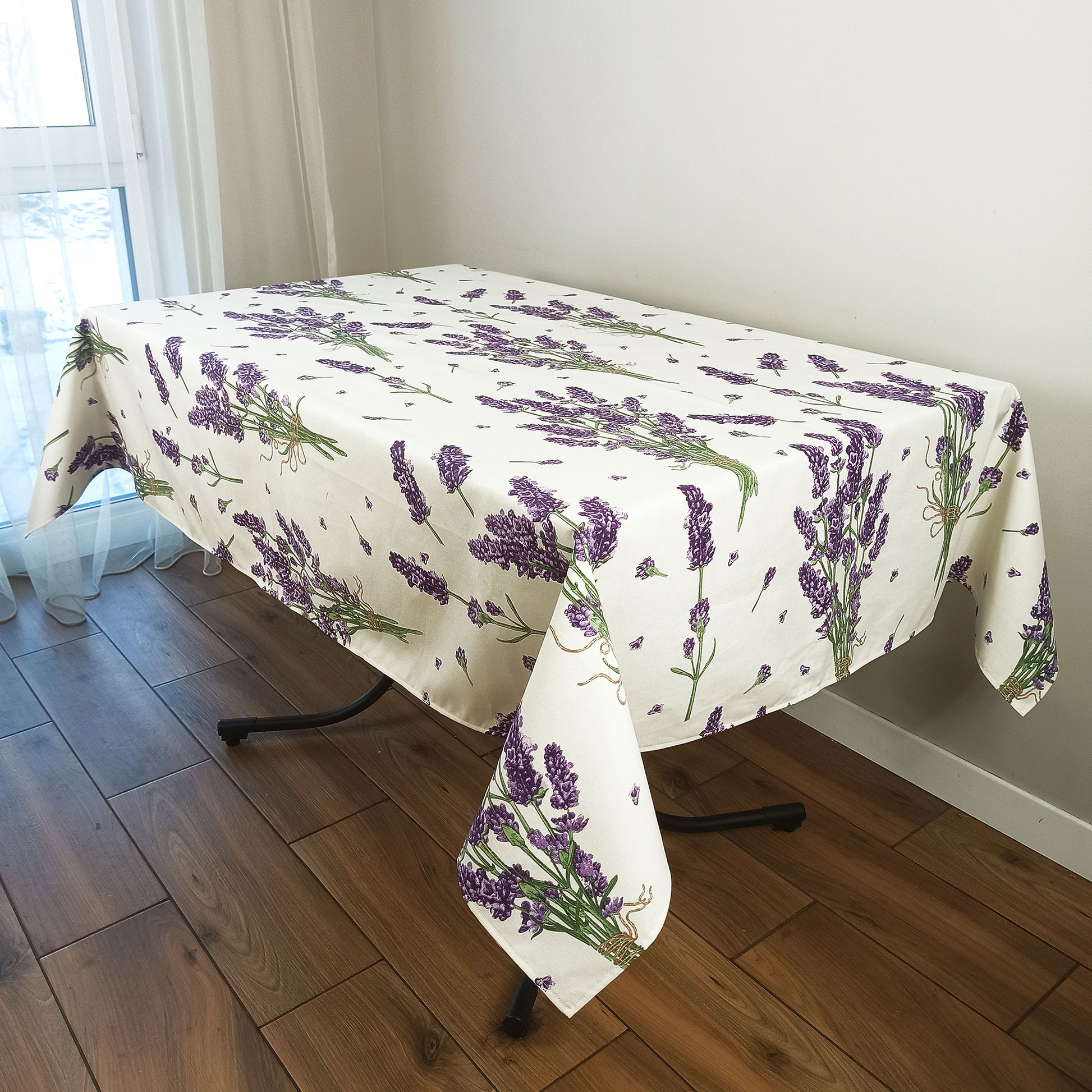 Tablecloth Waterproof Natural Fabric Table Cover White with Lavender Flawers