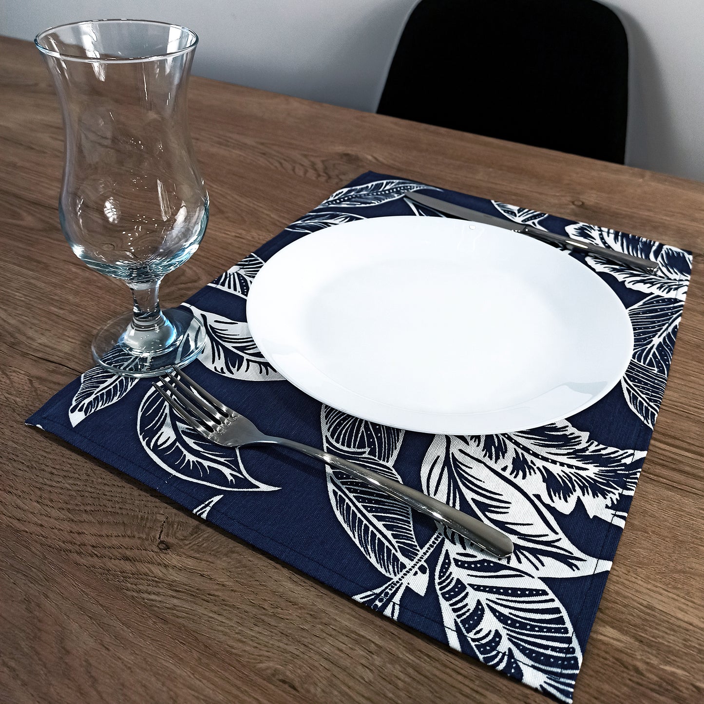 Placemats Waterproof Fabric Dark Blue Modern with Leaves (set of 2) Size: 12in X 16in (30cm X 40cm)