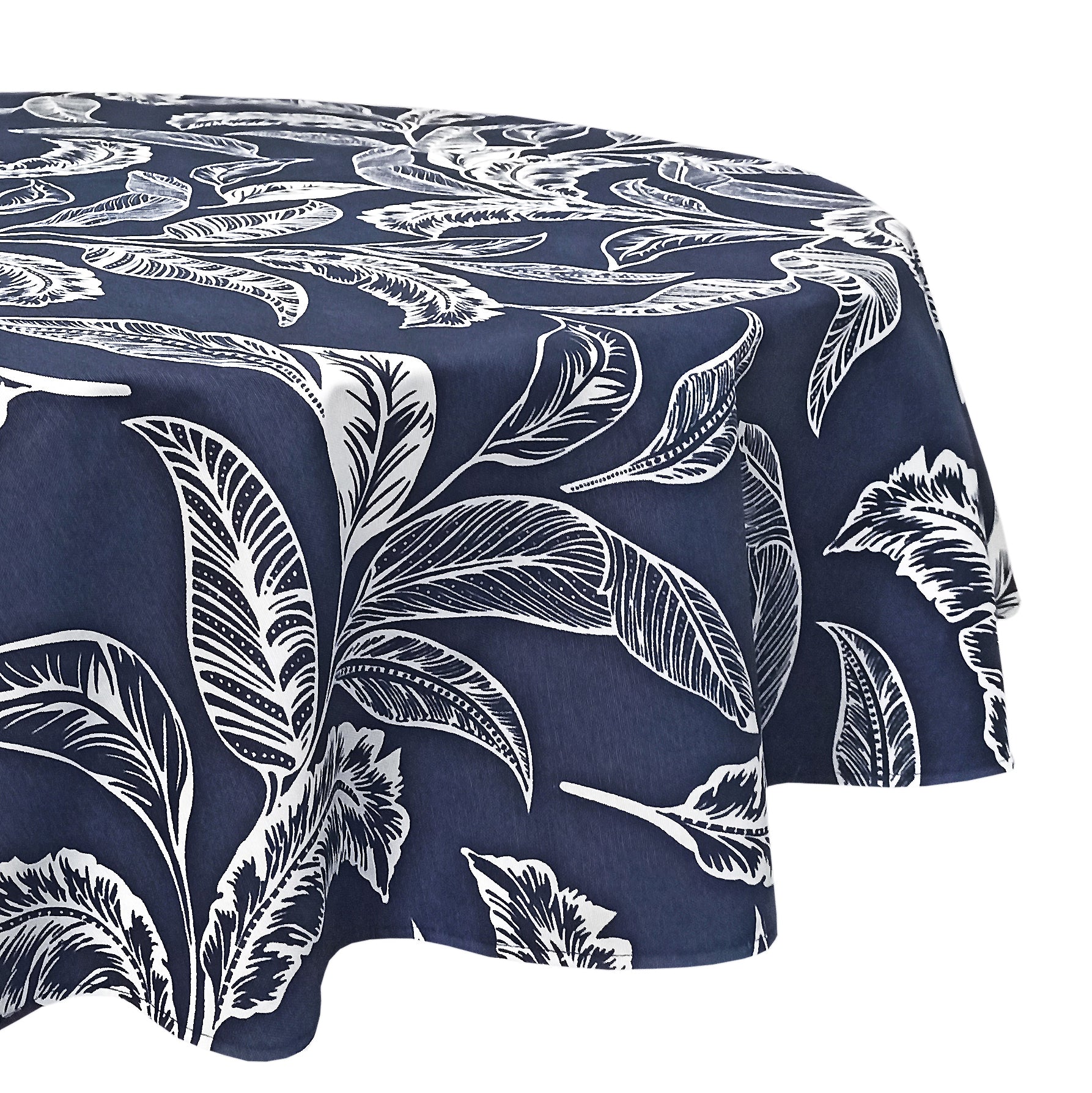 Round Tablecloth Fabric Navy Blue Summer Waterproof Cotton with Leaves