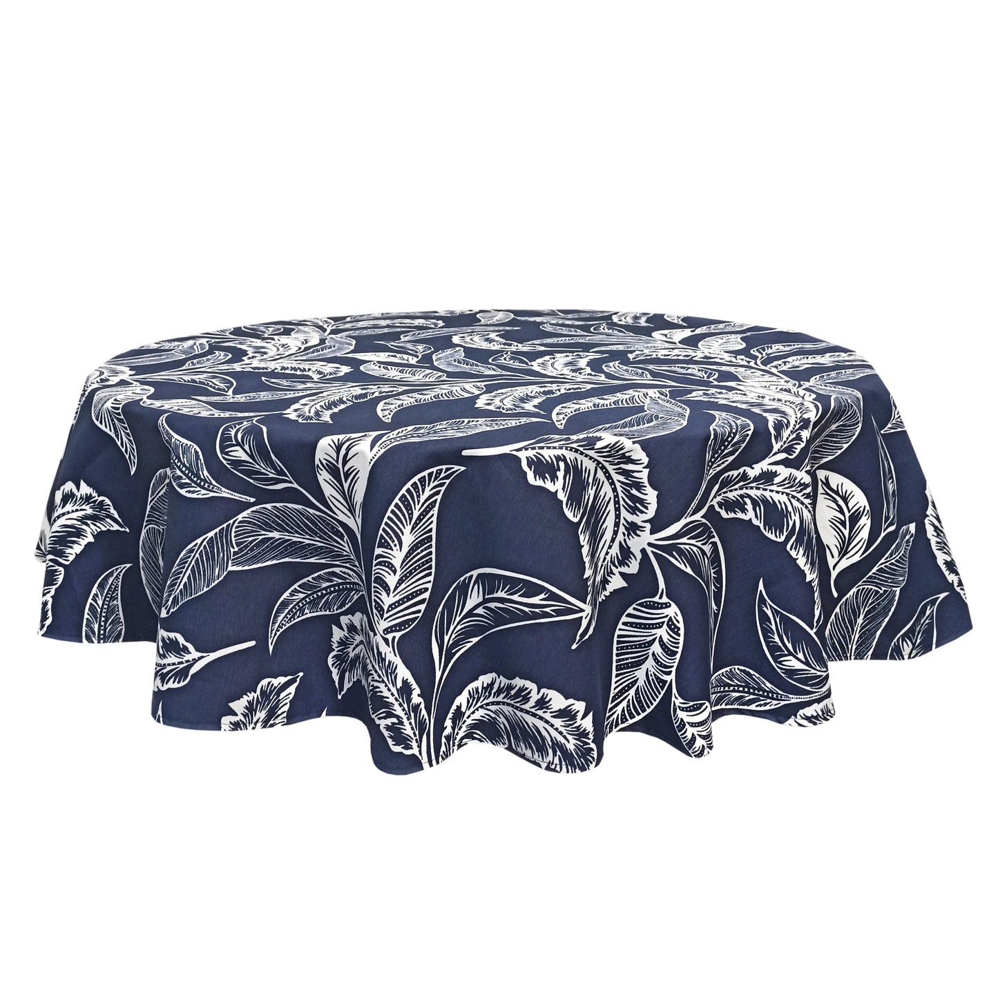 Round Tablecloth Fabric Navy Blue Summer Waterproof Cotton with Leaves