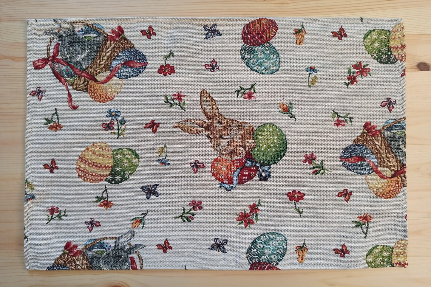 Easter Placemats Eggs Bunny Floral Rectangular Tapestry Fabric Multicolor on beige background (set of 2) Size:13in X 17in (34cm X 44cm)Easter Placemats Eggs Bunny Floral Rectangular